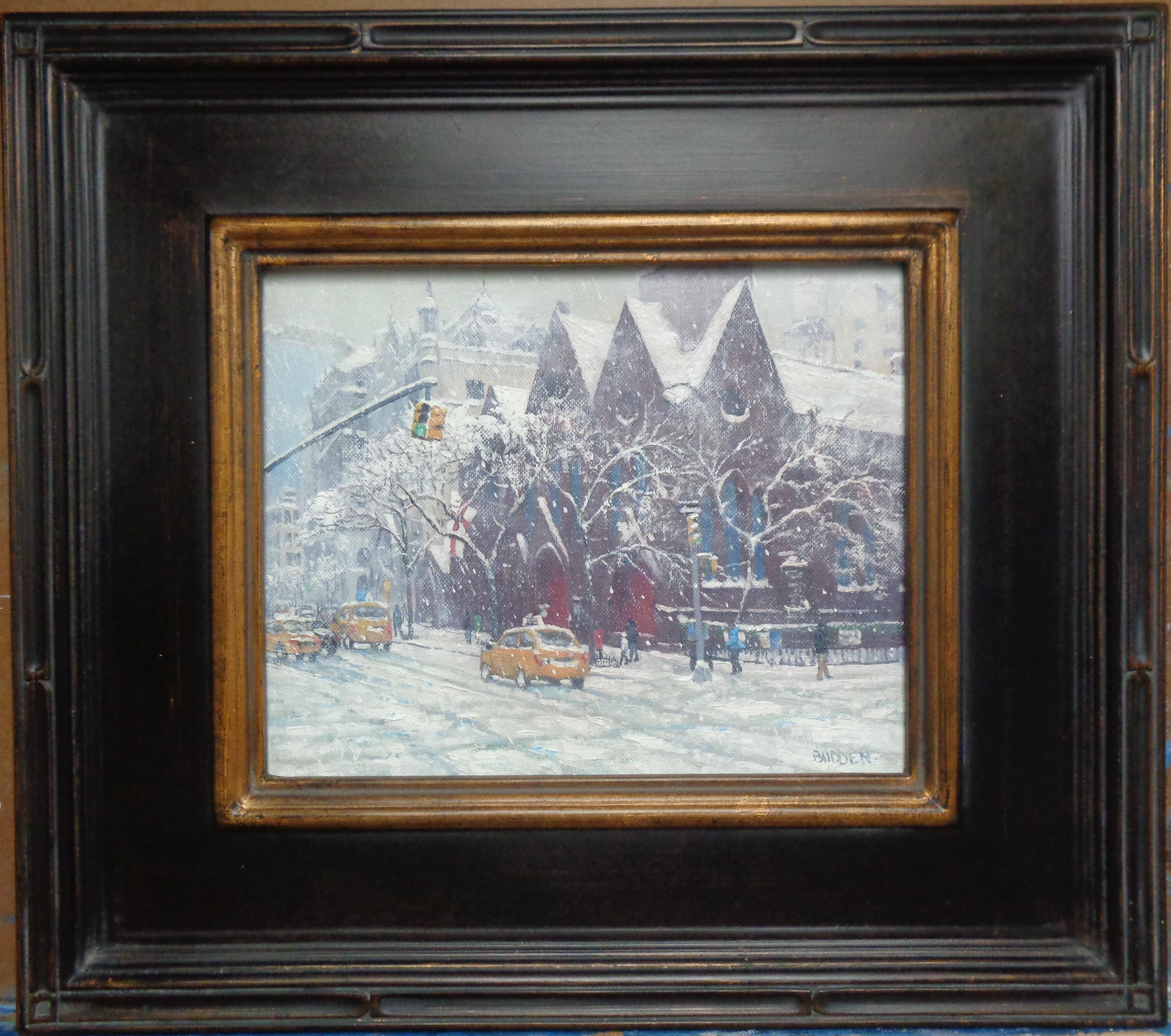 Winter Calvary Church is an oil painting on canvas panel by award winning contemporary artist Michael Budden. It is a busy winter street scene on Park Ave in NYC near Gramercy Park. I was visiting the park and came across this church scene as I was