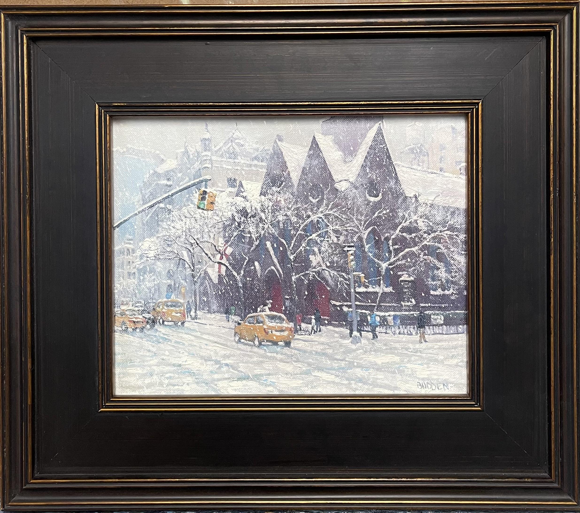 Winter Calvary Church 
oil/panel
8x10 unframed, 13.25 x 15.25 framed
Winter Calvary Church is an oil painting on canvas panel by award winning contemporary artist Michael Budden. It is a busy winter street scene on Park Ave in NYC near Gramercy