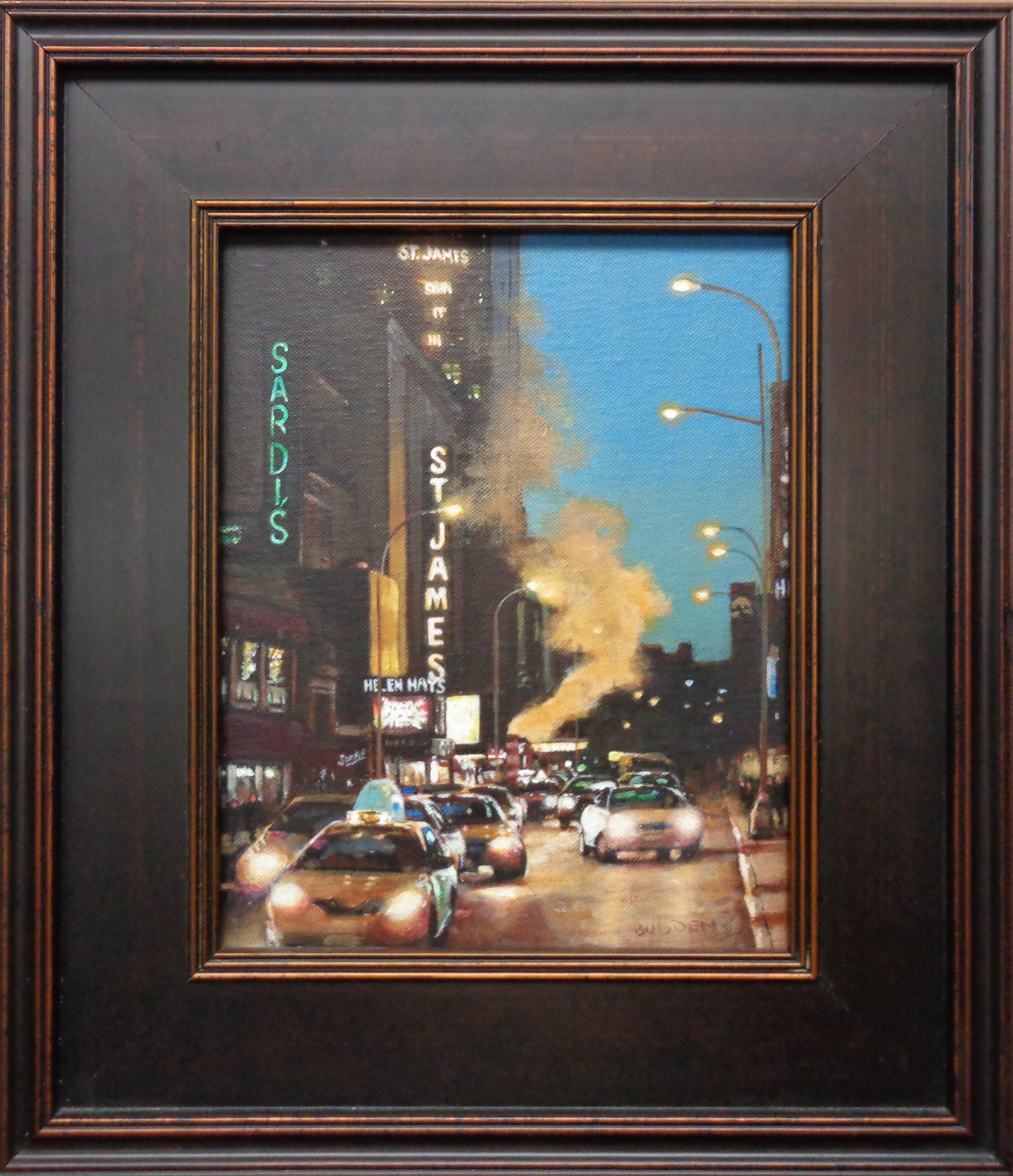 Evening On Broadway, St. James & Sardi's
Image is 10 x 8 unframed, 15.5 x 13.5 framed.
  An  acrylic painting on canvas panel by award winning contemporary artist Michael Budden that showcases a nocturne on Broadway in NYC. After attending a play,