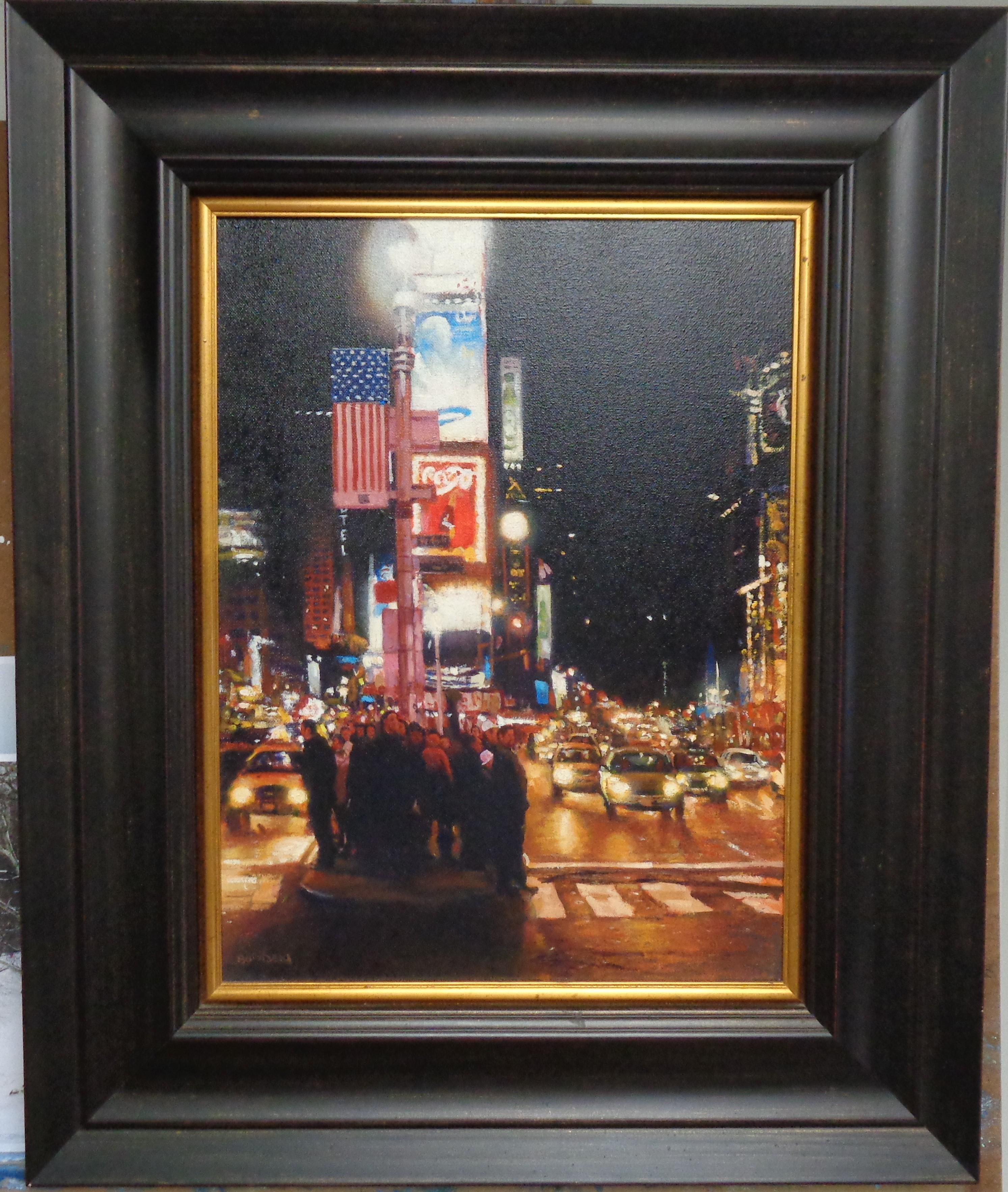 Times Square is an oil painting on canvas by award winning contemporary artist Michael Budden. It is a busy street nocturne in Times Square, NYC that I painted in 2008 and just repurchased when finding it in an auction.  The image measures 16 x 12 