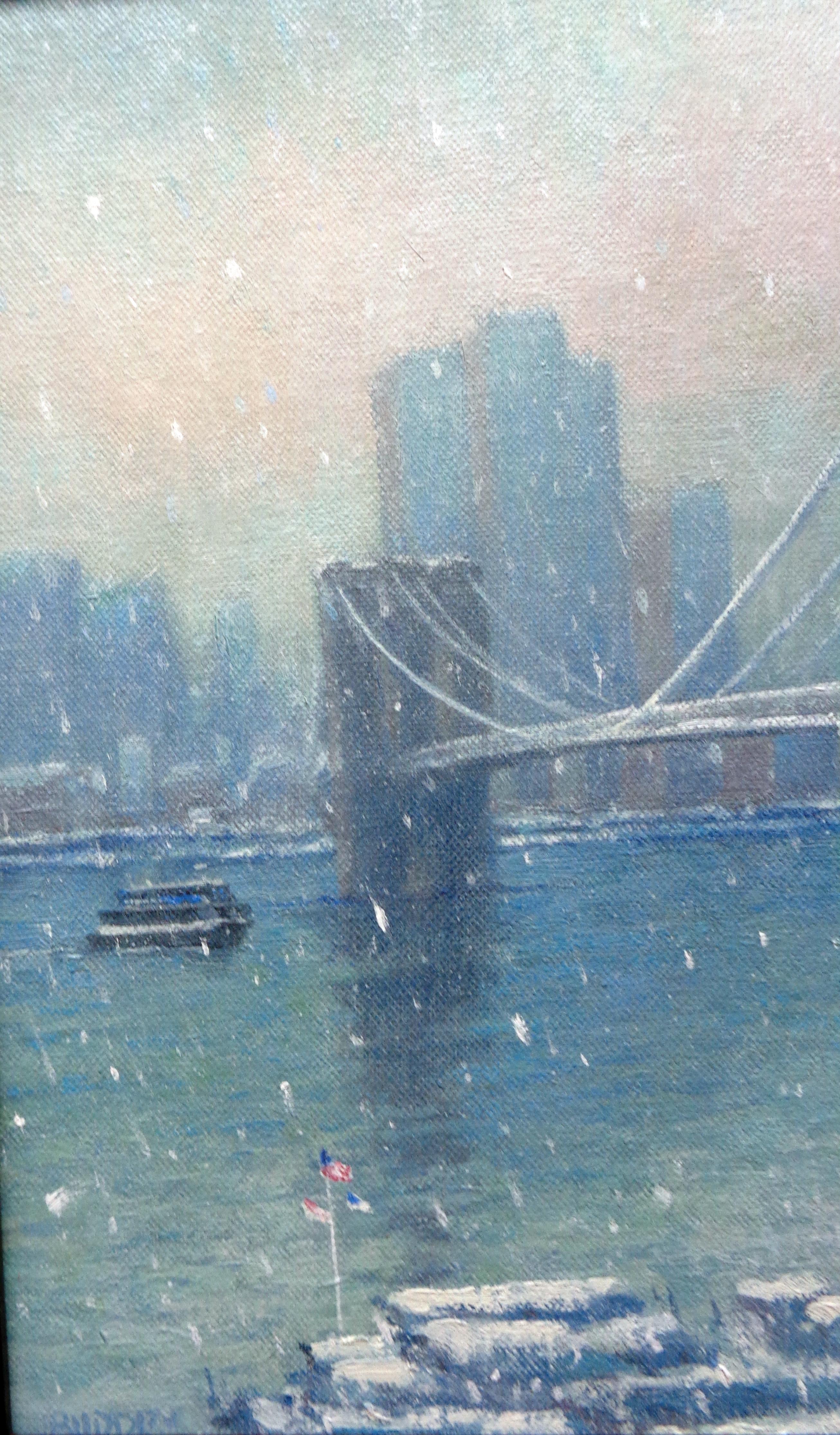 Nueva York Pintura Invierno Nieve Puente de Brooklyn por Michael Budden Barco transbordador en venta 1