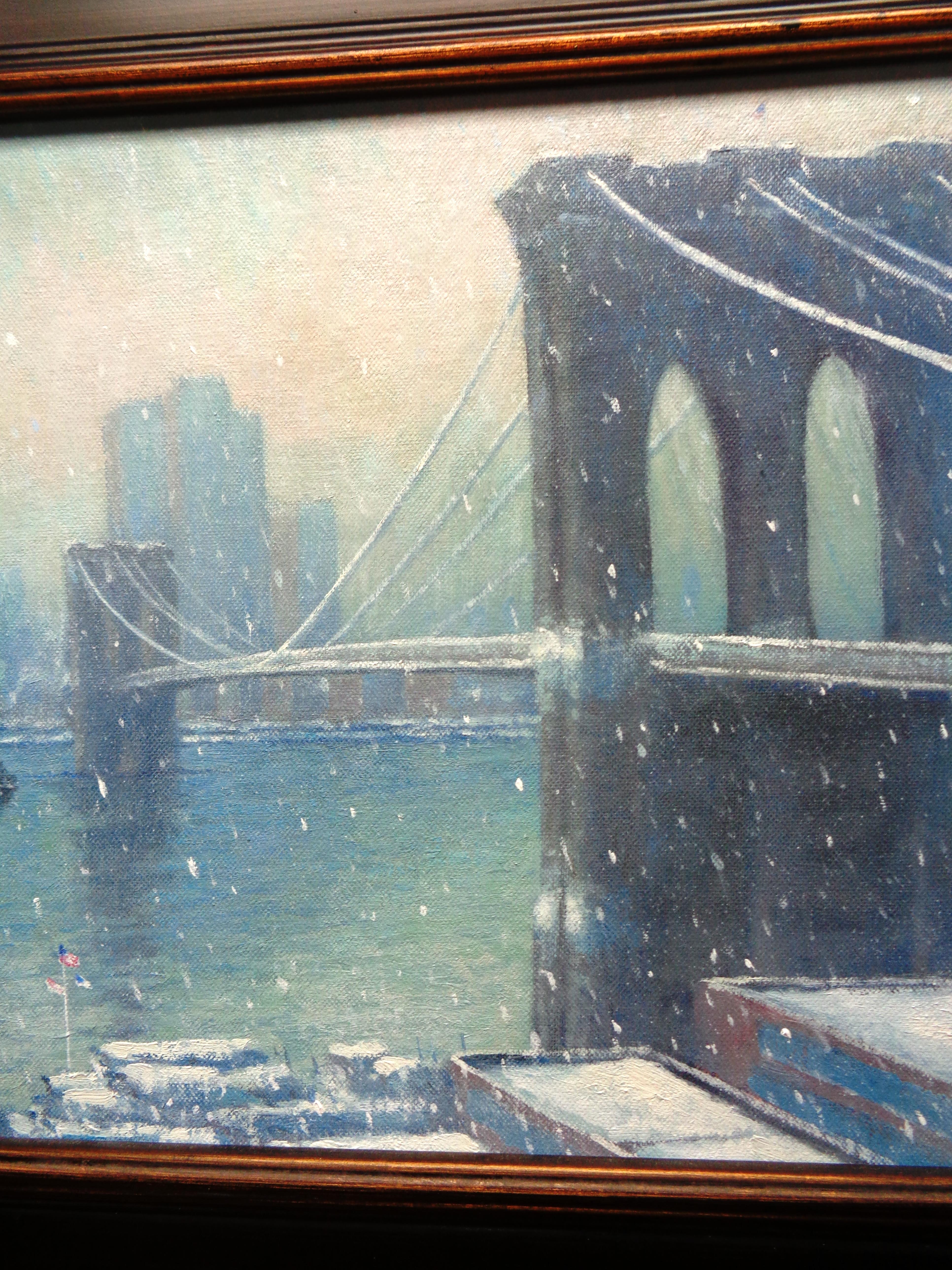 New York City Painting Winter Snow Brooklyn Bridge by Michael Budden Ferry Boat For Sale 2