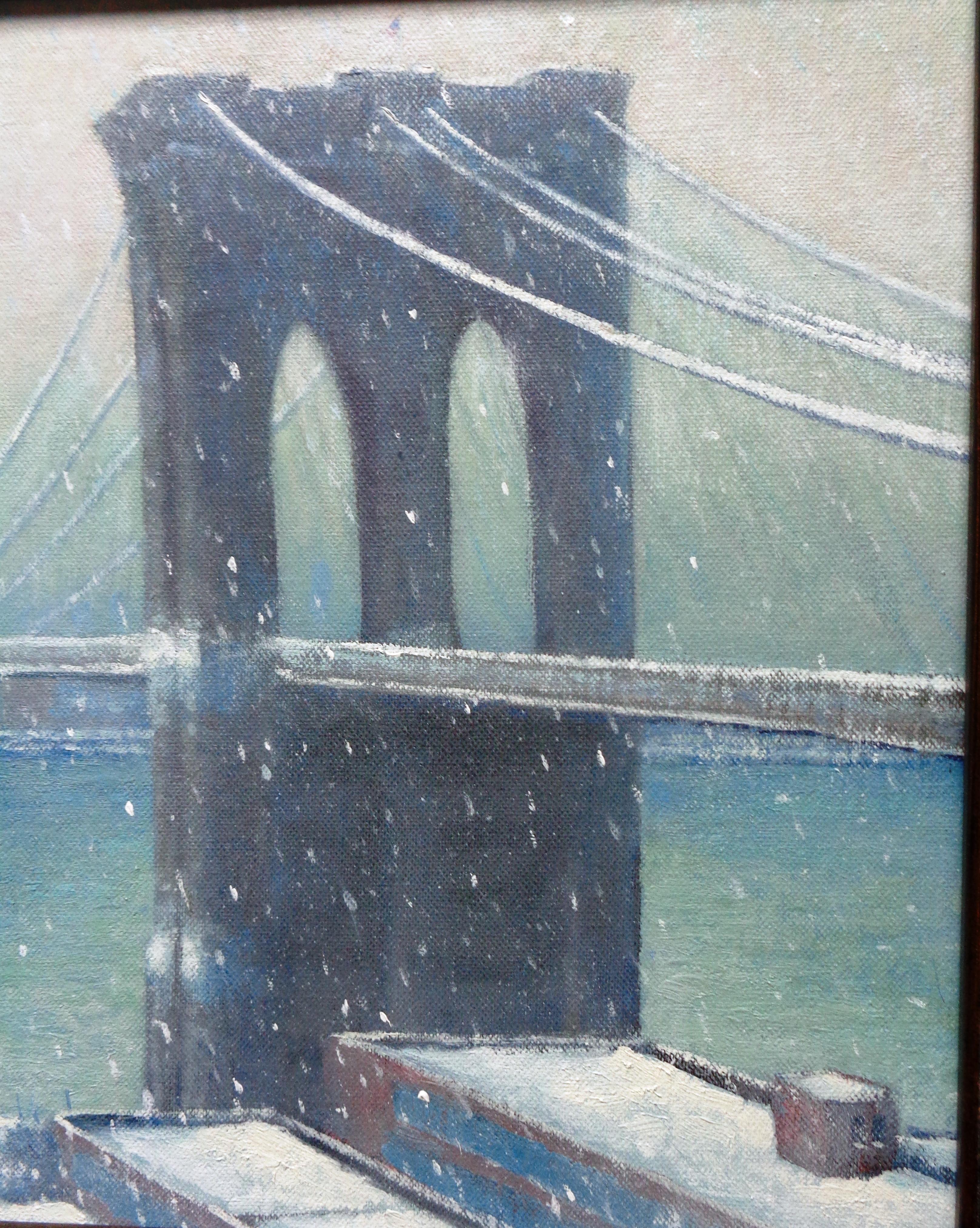 Nueva York Pintura Invierno Nieve Puente de Brooklyn por Michael Budden Barco transbordador en venta 3