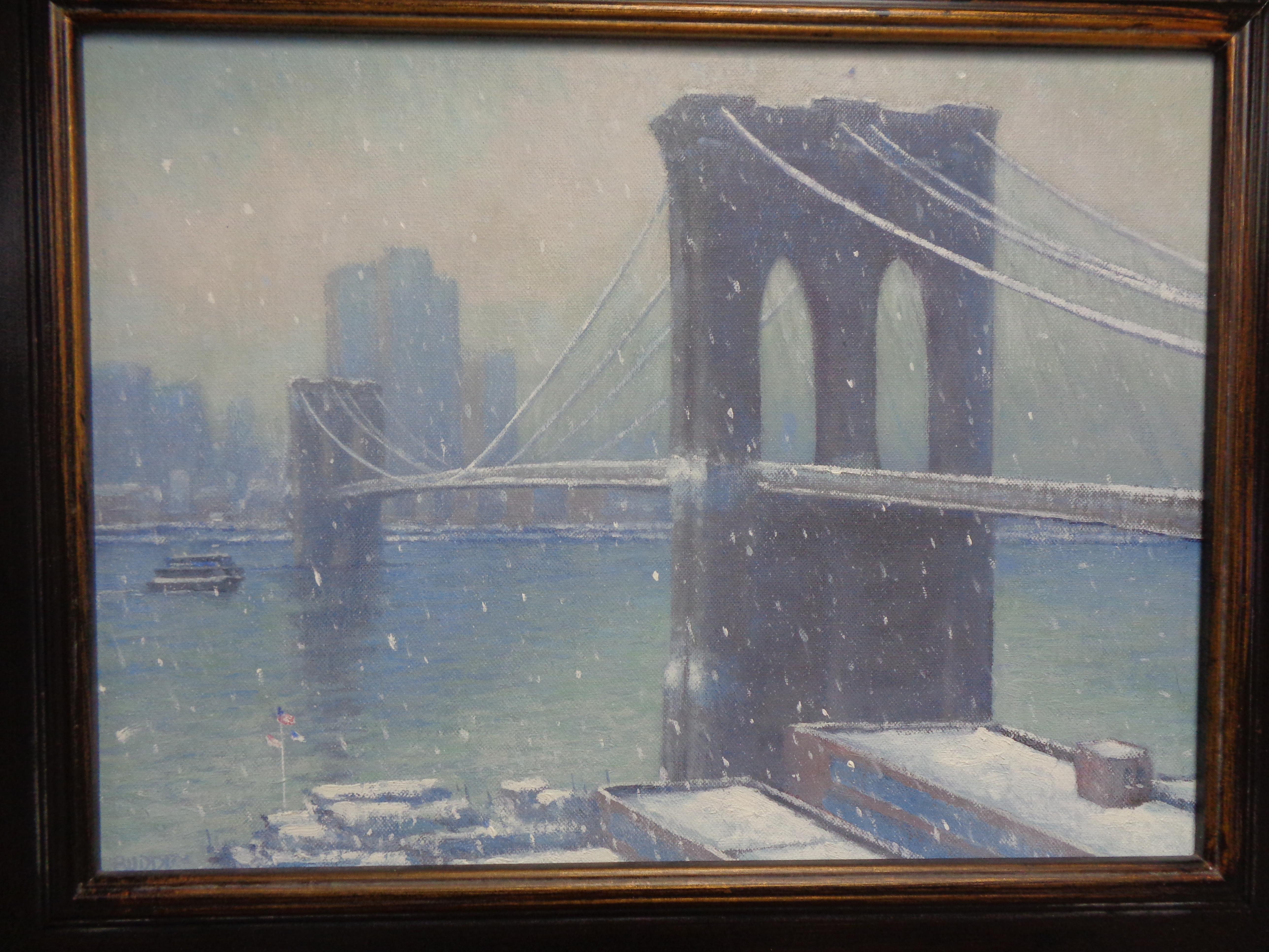 New York City Painting Winter Snow Brooklyn Bridge by Michael Budden Ferry Boat For Sale 4