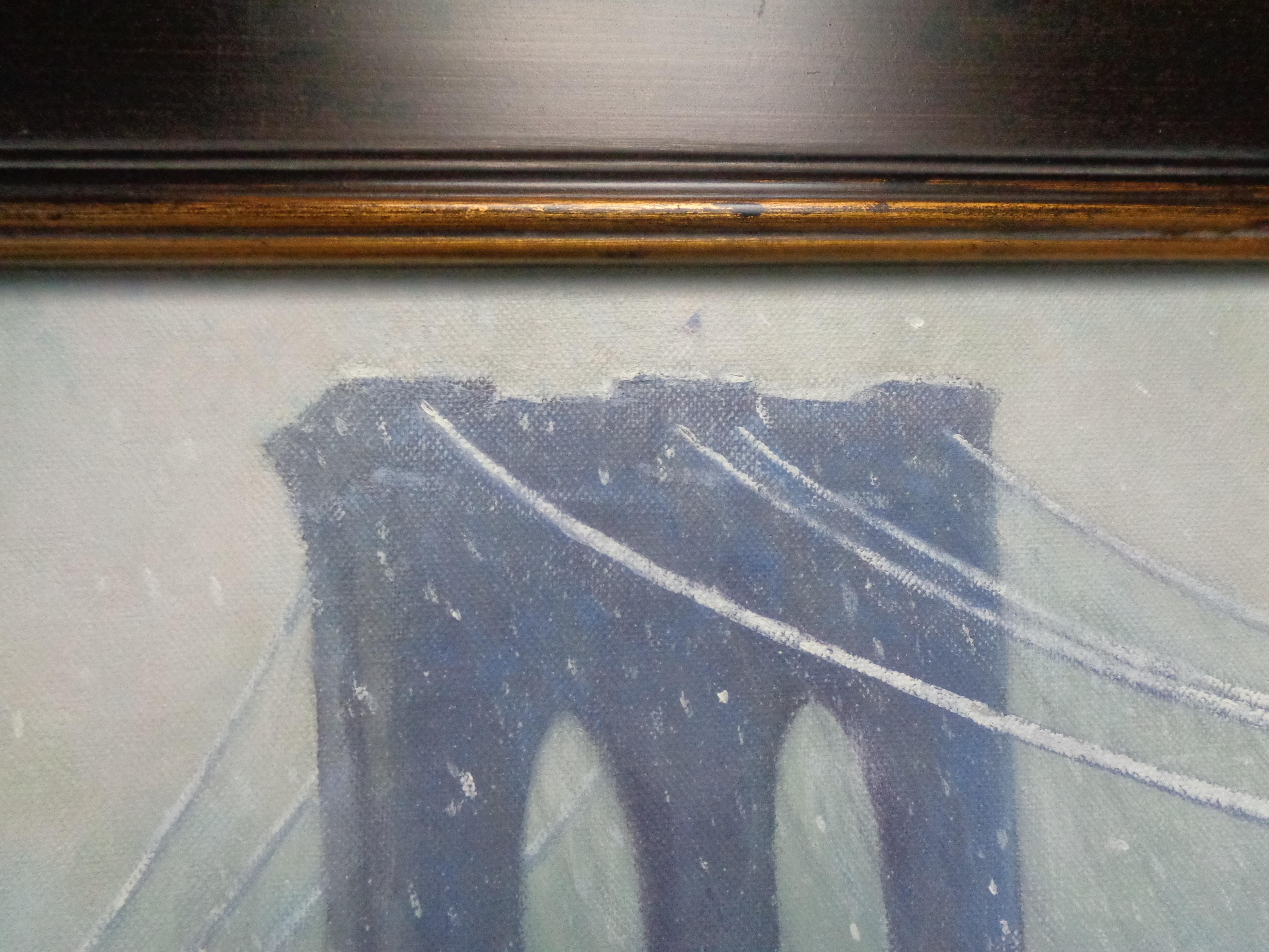 New York City Painting Winter Snow Brooklyn Bridge by Michael Budden Ferry Boat For Sale 5