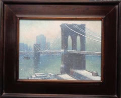  New York City Painting Winter Snow Brooklyn Bridge by Michael Budden Ferry Boat