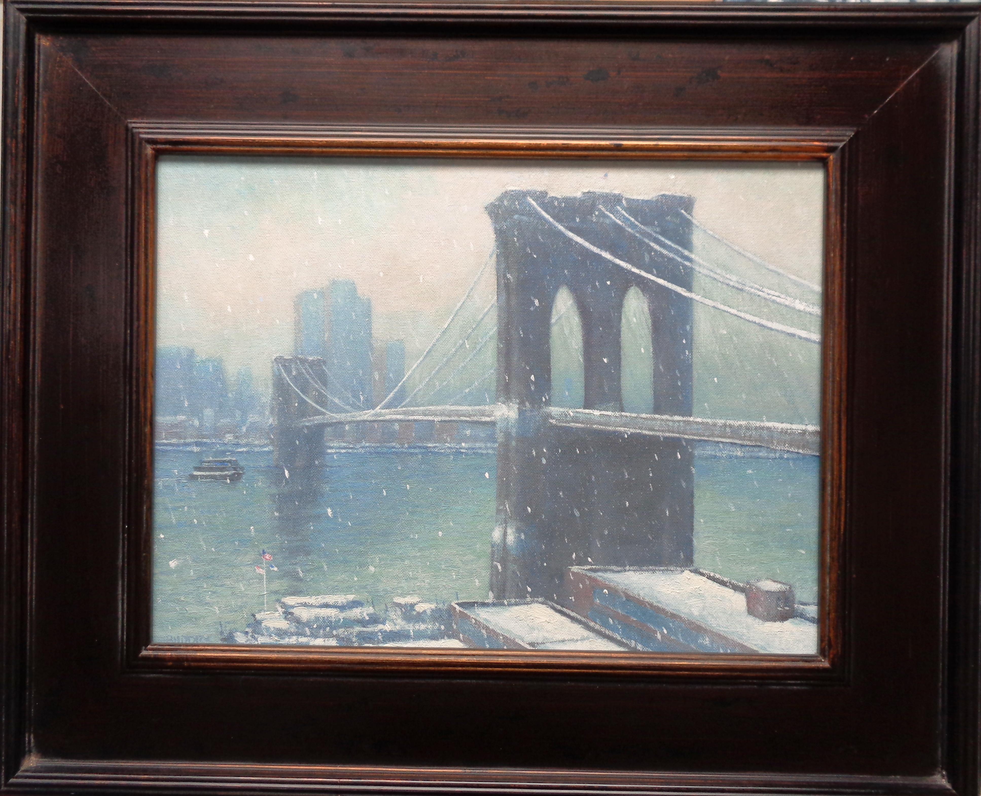 Puente de Brooklyn en invierno
aceite/panel
imagen 12 x 16
 El invierno del puente de Brooklyn es un óleo sobre lienzo del galardonado artista contemporáneo Michael Budden. Es una escena tranquila del puente de Brooklyn y el transbordador del East