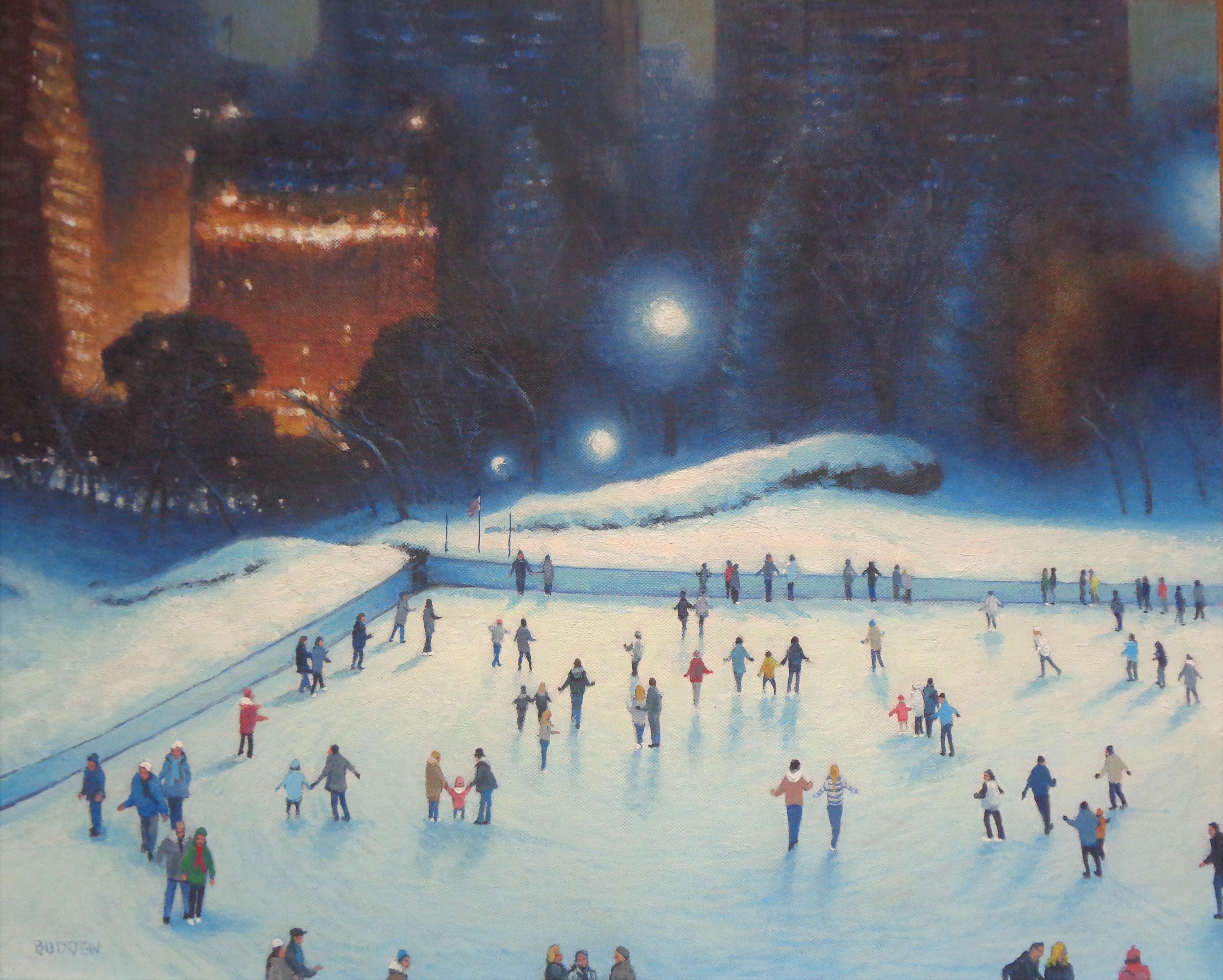  New York City Skating Painting Michael Budden Evening Lights Central Park For Sale 1