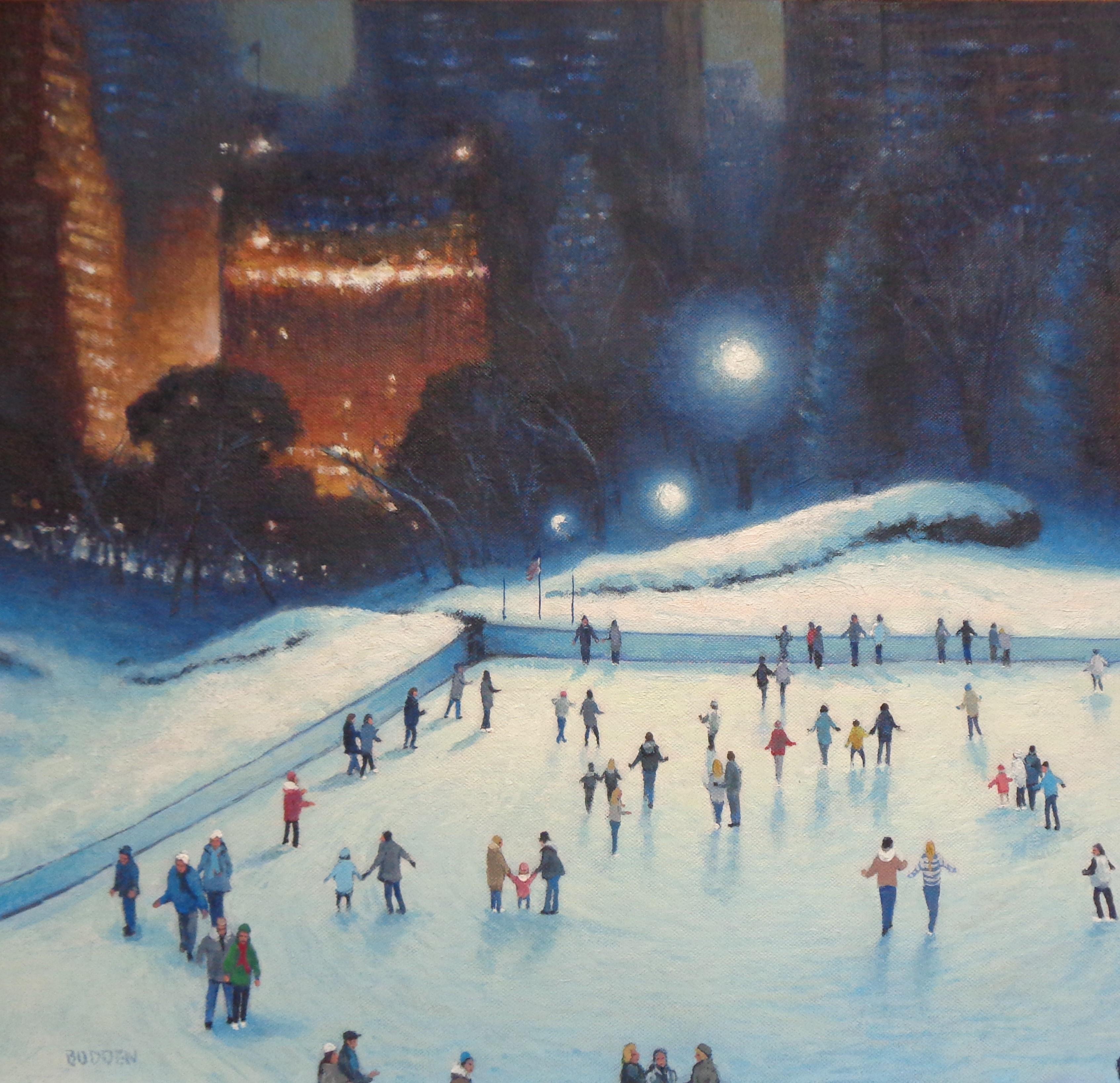  New York City Skating Painting Michael Budden Evening Lights Central Park For Sale 2