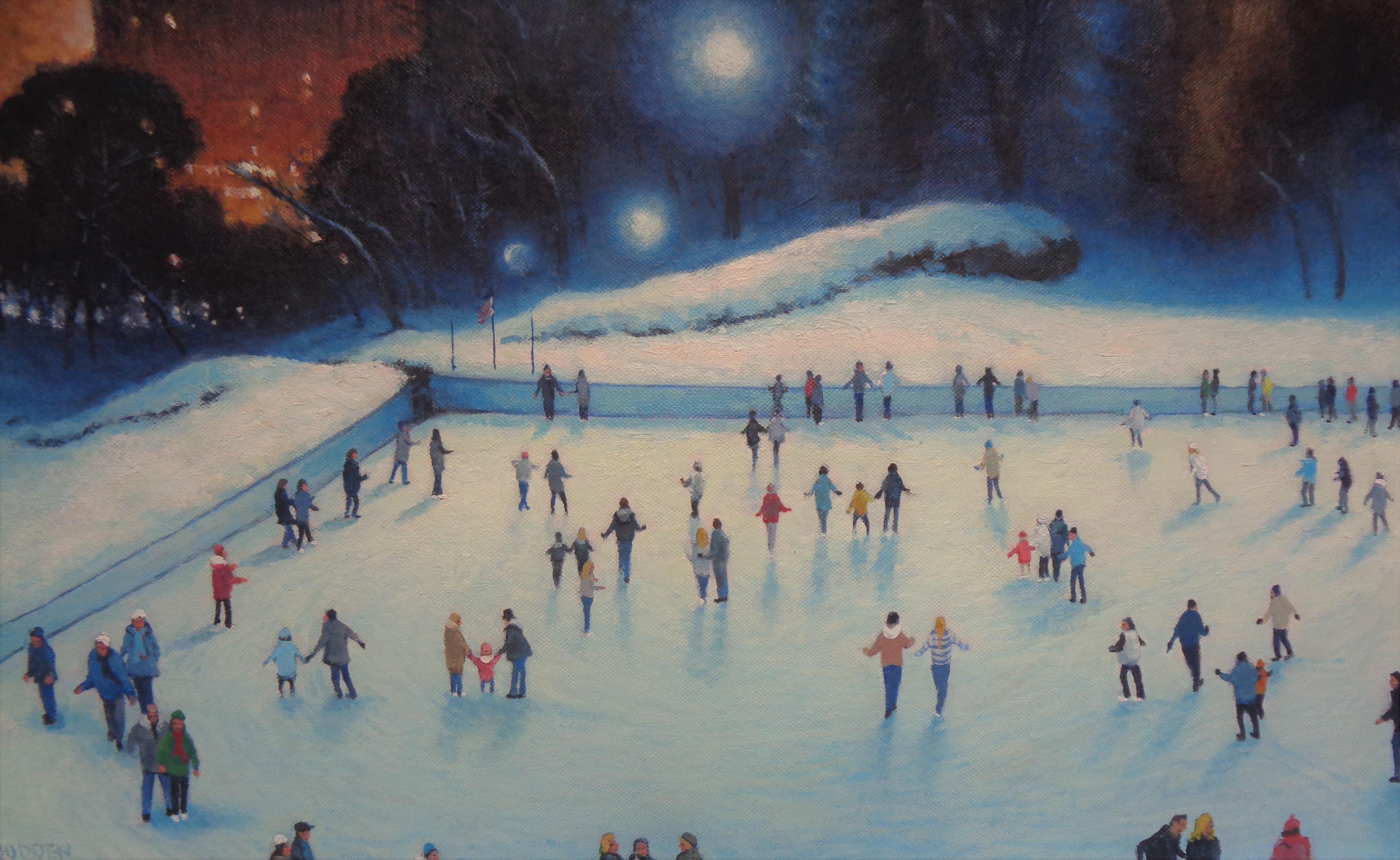  New York City Skating Painting Michael Budden Evening Lights Central Park For Sale 3