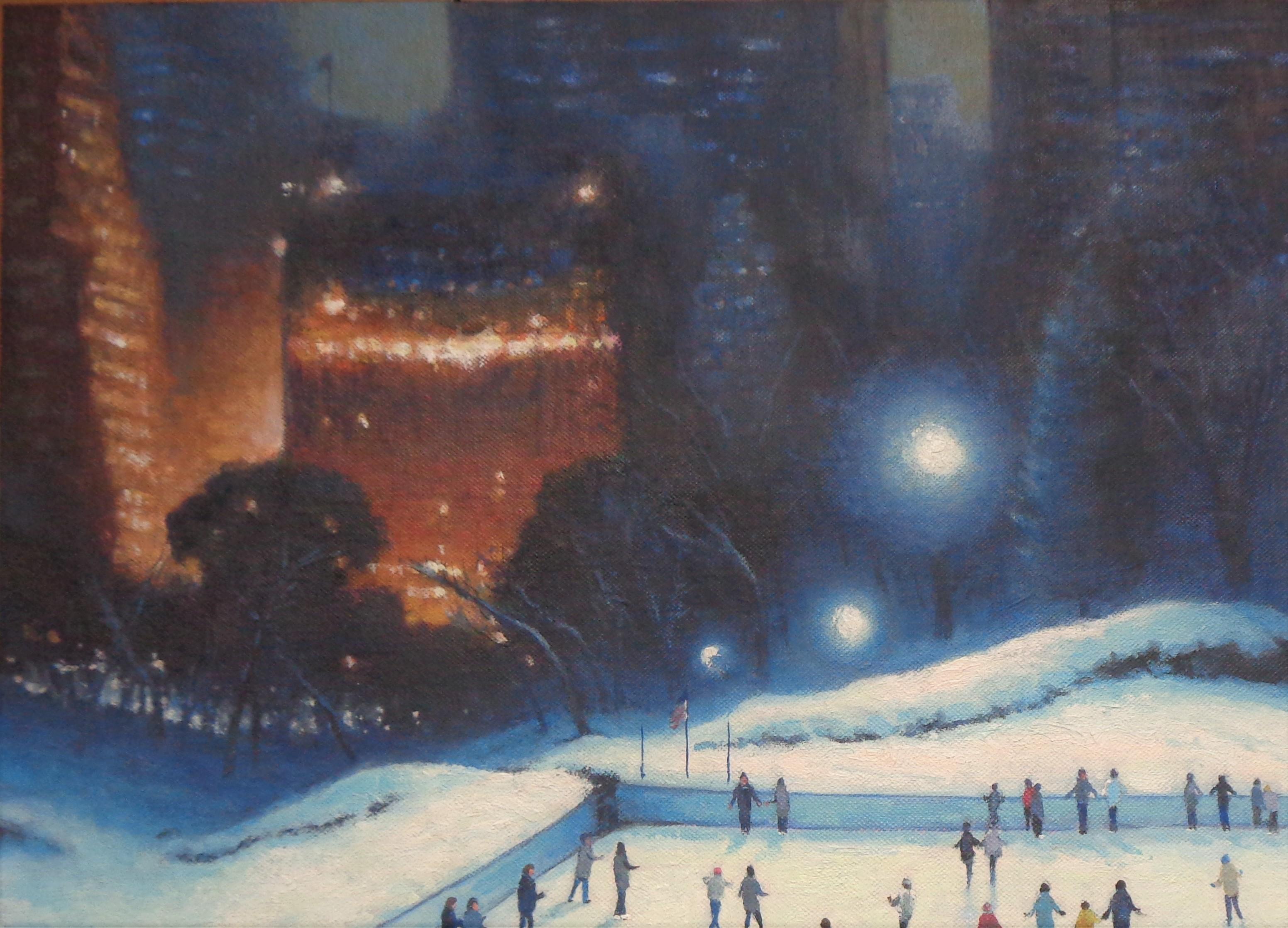  New York City Skating Painting Michael Budden Evening Lights Central Park For Sale 4