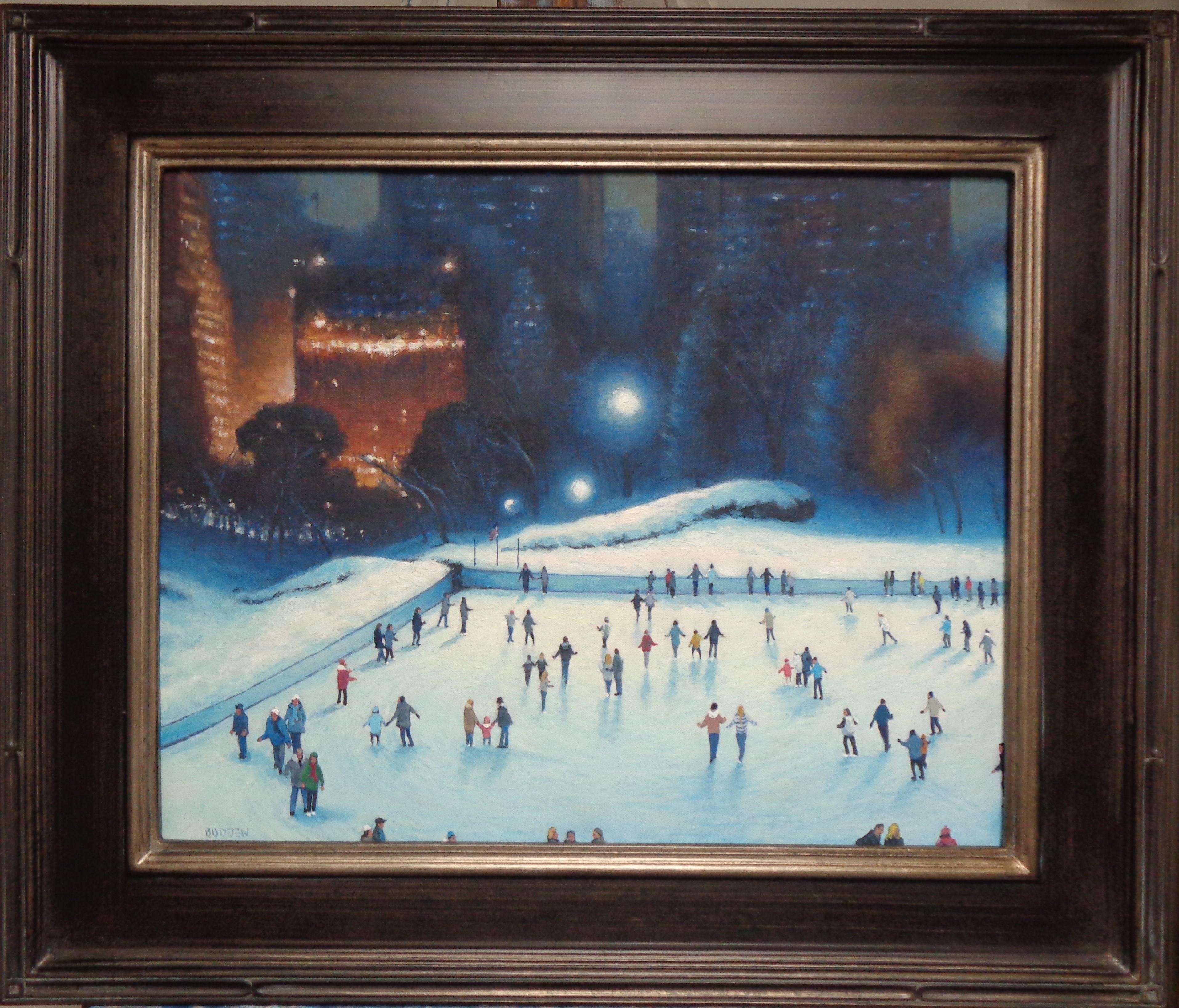 Evening Lights Wolman Rink Central Park est une peinture à l'huile.  sur panneau en toile de l'artiste contemporain primé Michael Budden. Le Rockefeller Center est évidemment l'un des endroits préférés des visiteurs de NYC en hiver et une image