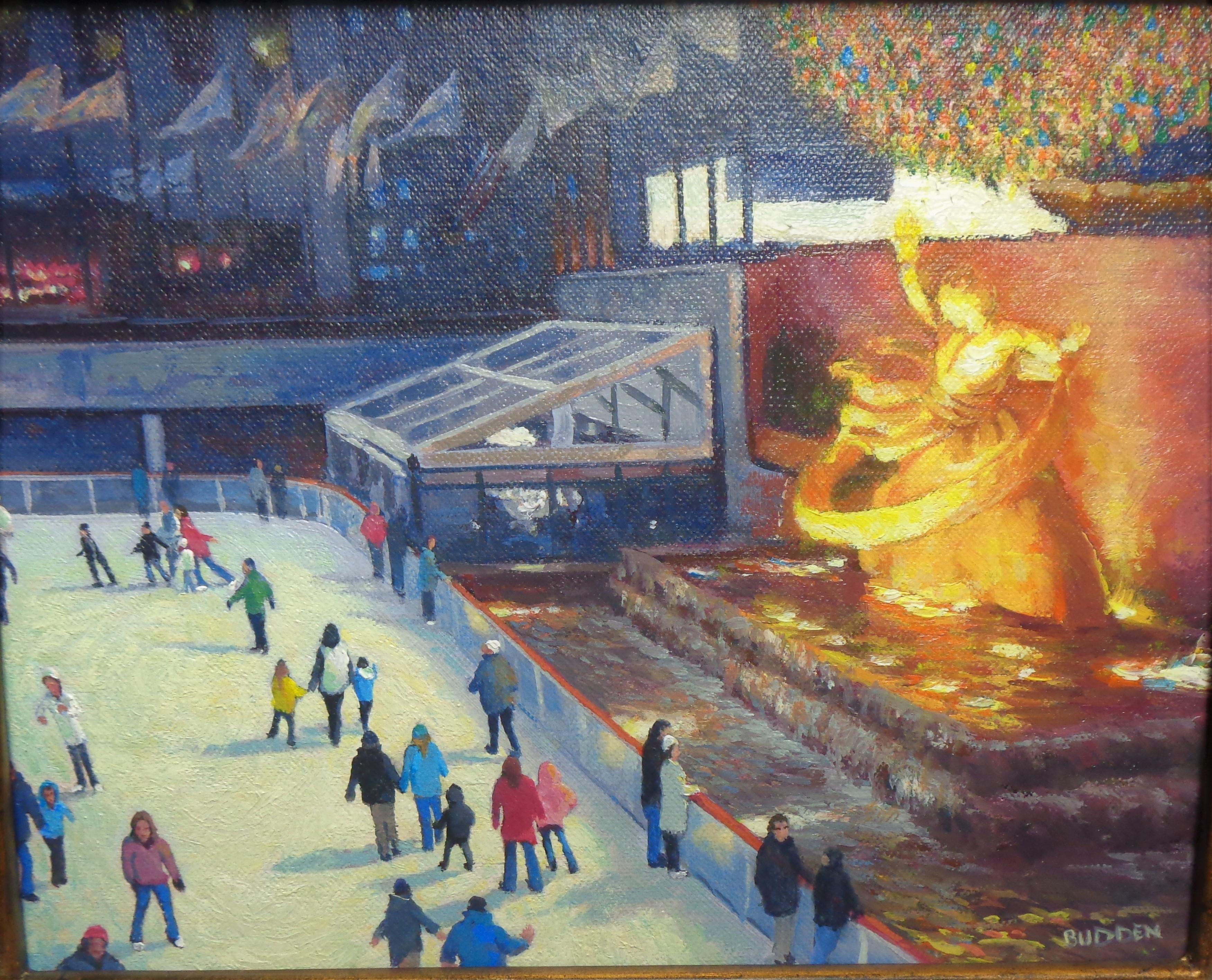  New York City Skating Painting Michael Budden Evening Lights Rockefeller Center For Sale 1