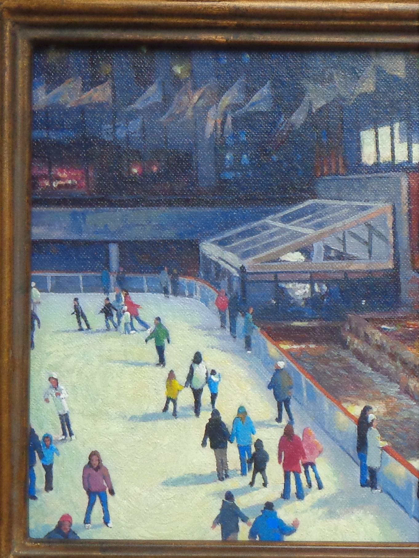  New York City Skating Painting Michael Budden Evening Lights Rockefeller Center For Sale 2