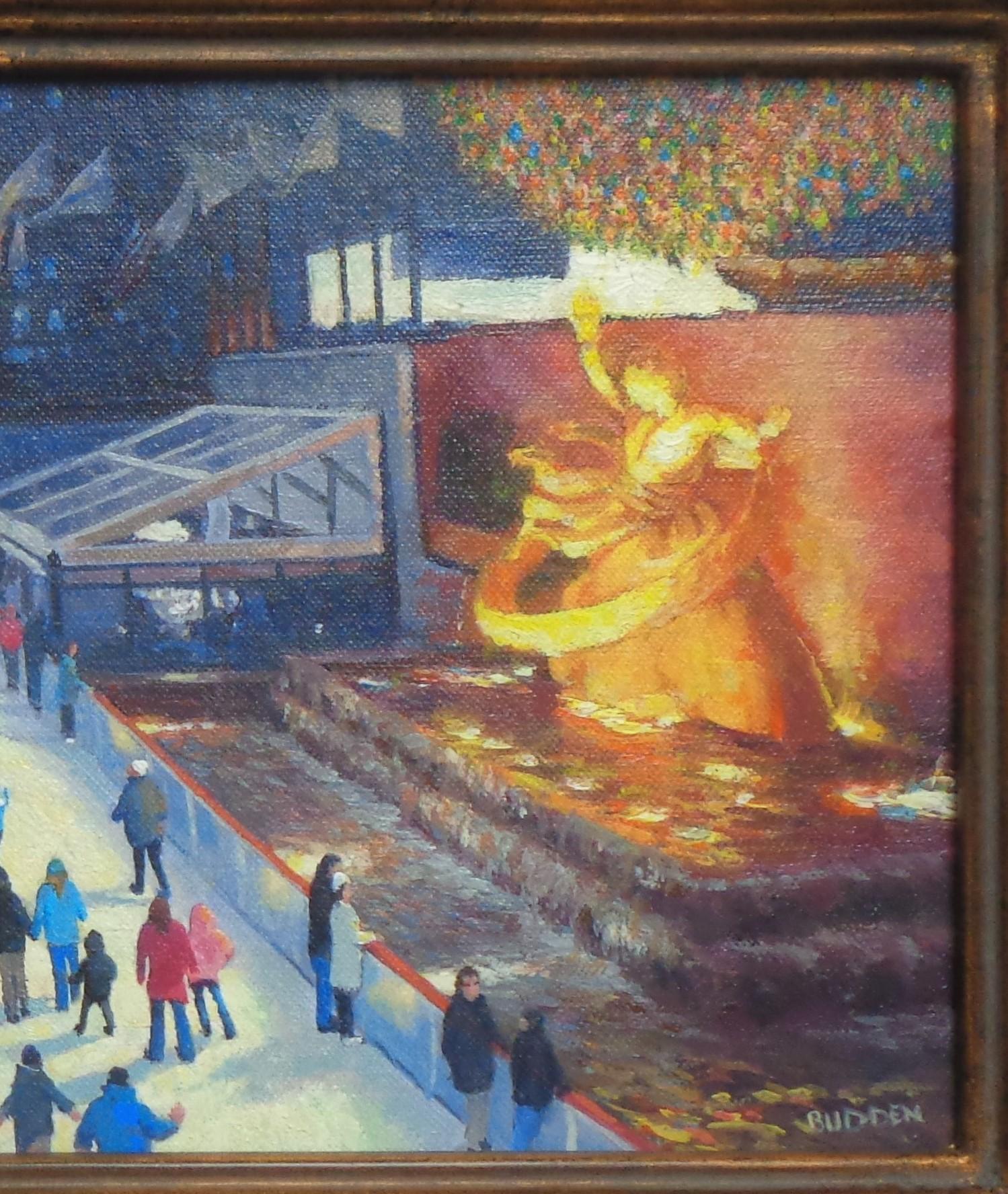  New York City Skating Painting Michael Budden Evening Lights Rockefeller Center For Sale 3