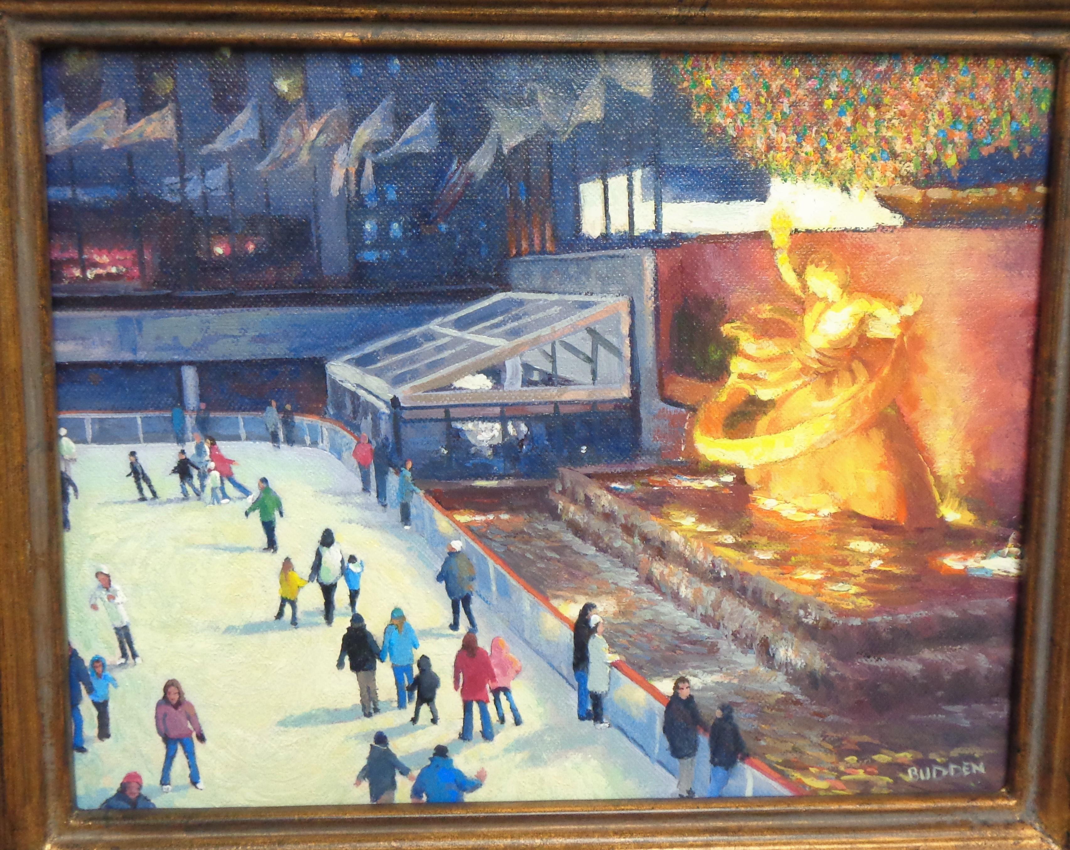  New York City Skating Painting Michael Budden Evening Lights Rockefeller Center For Sale 4
