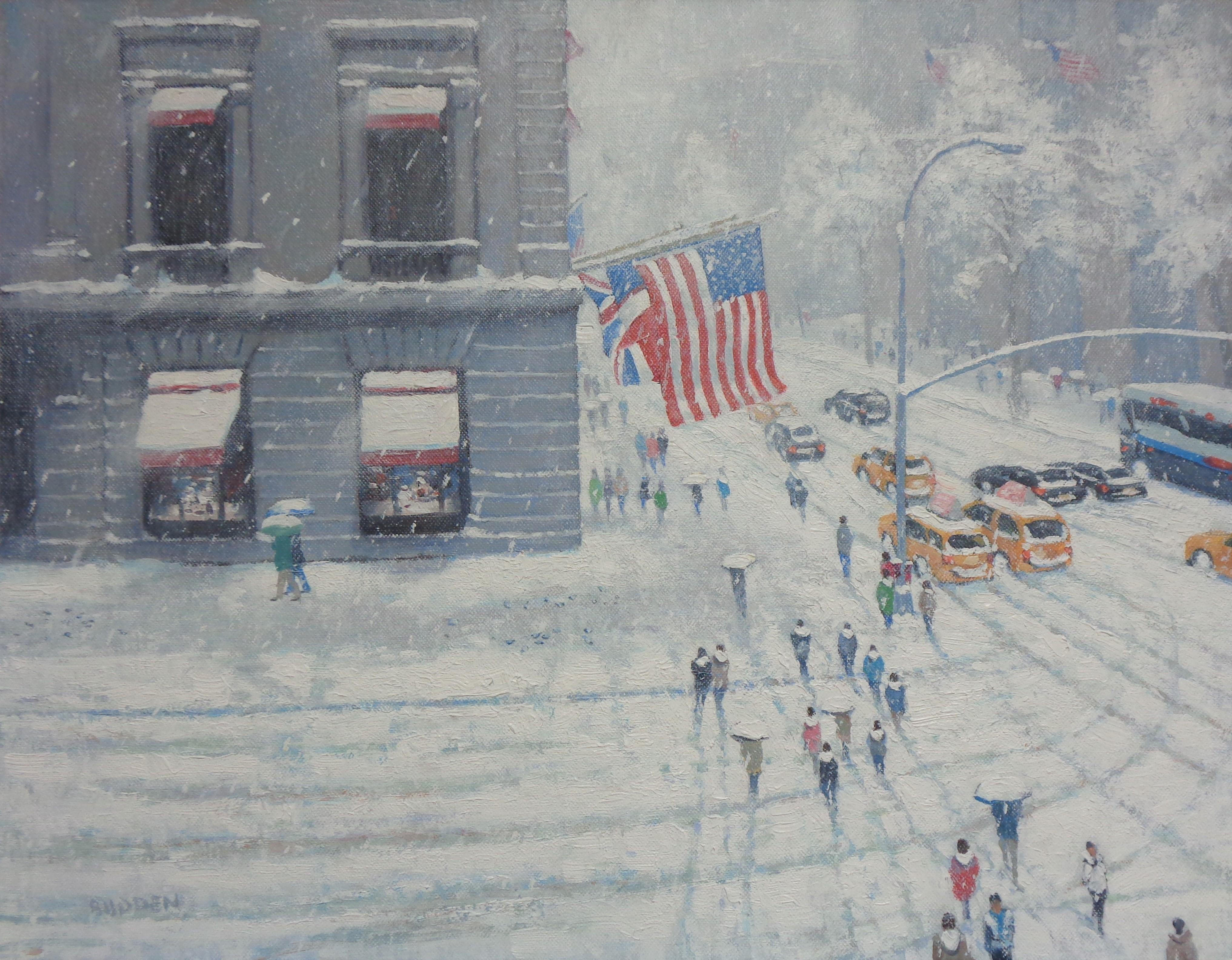  New York City Snow Oil Painting Michael Budden Above Cartier's Corner For Sale 1