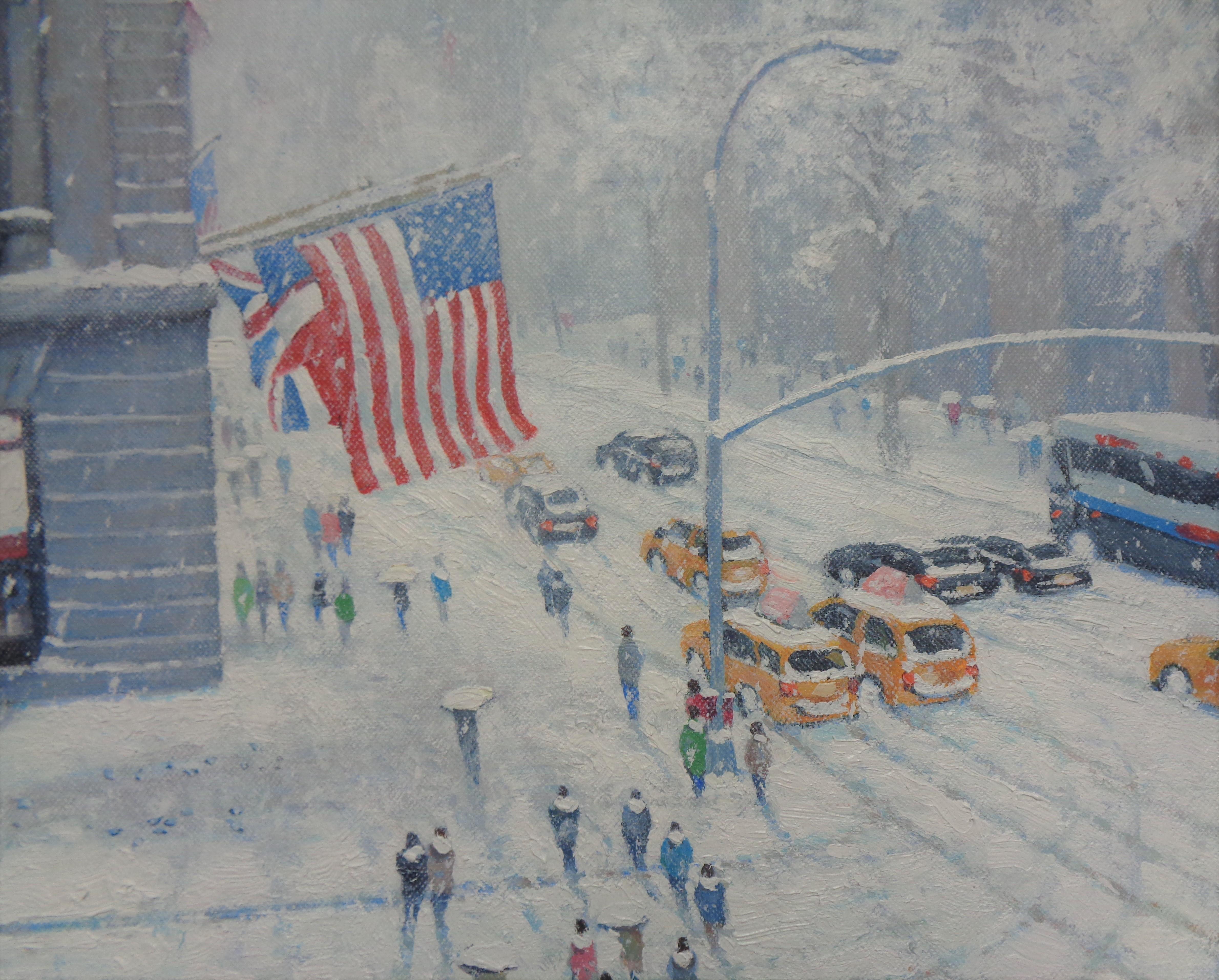  New York City Snow Oil Painting Michael Budden Above Cartier's Corner For Sale 2