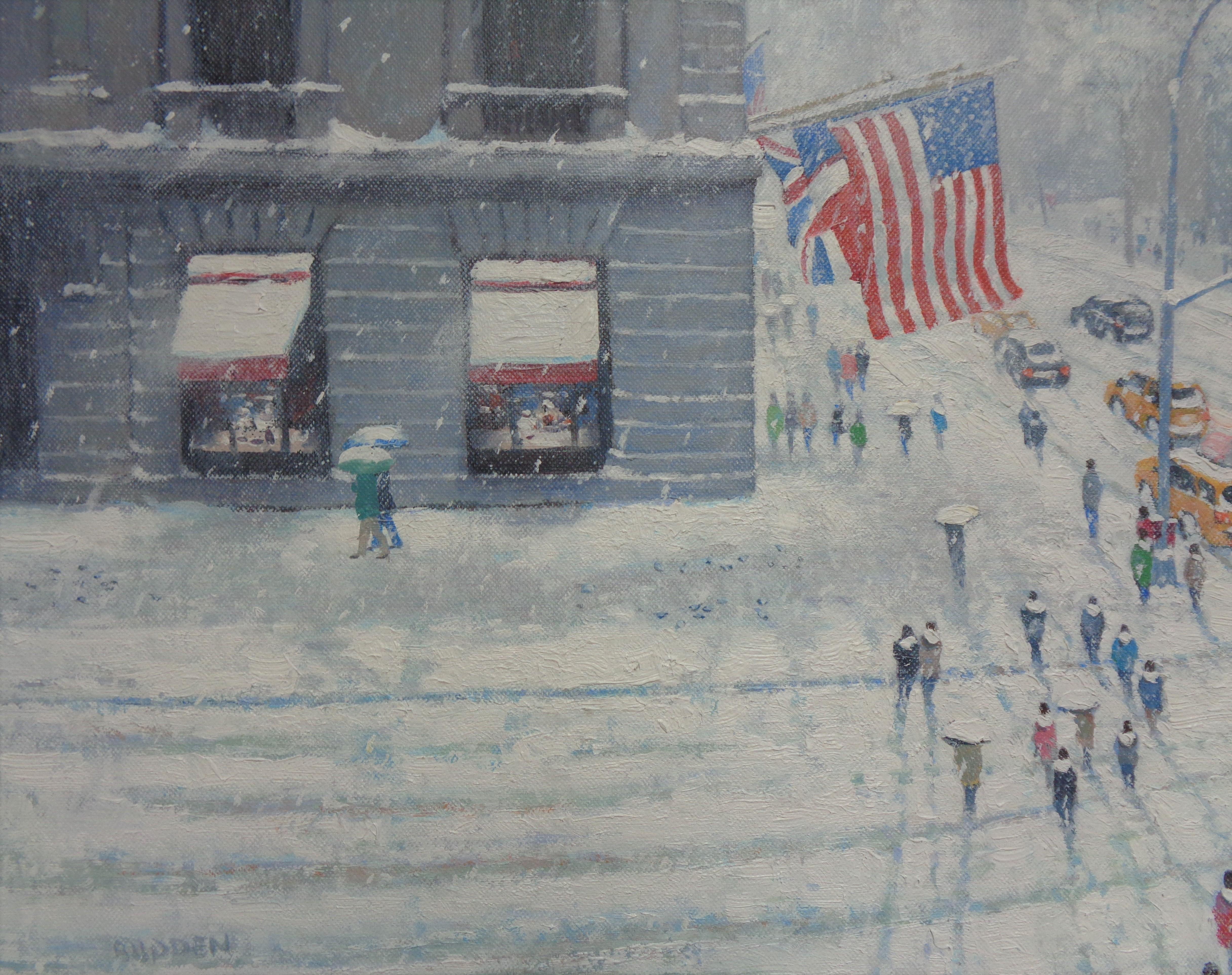  New York City Snow Oil Painting Michael Budden Above Cartier's Corner For Sale 3