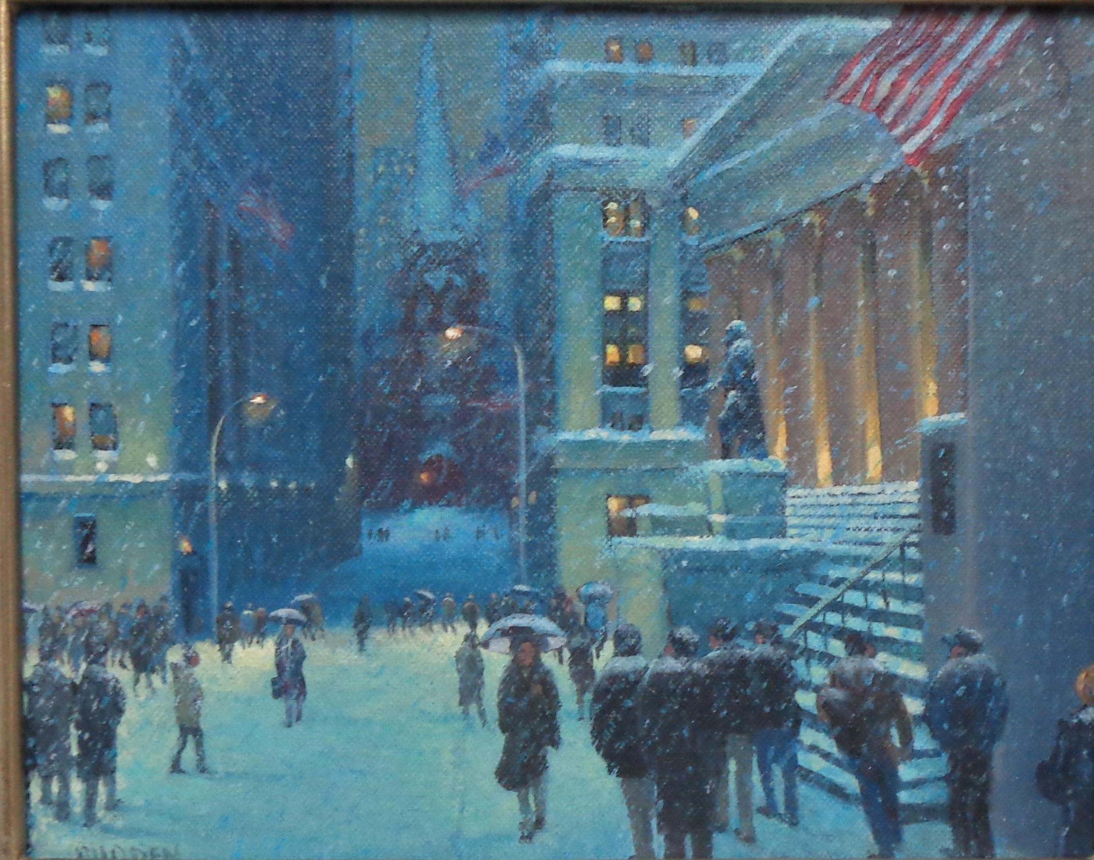 Nueva York Nieve Pintura al óleo Michael Budden Wall Street Vista nocturna de invierno 1