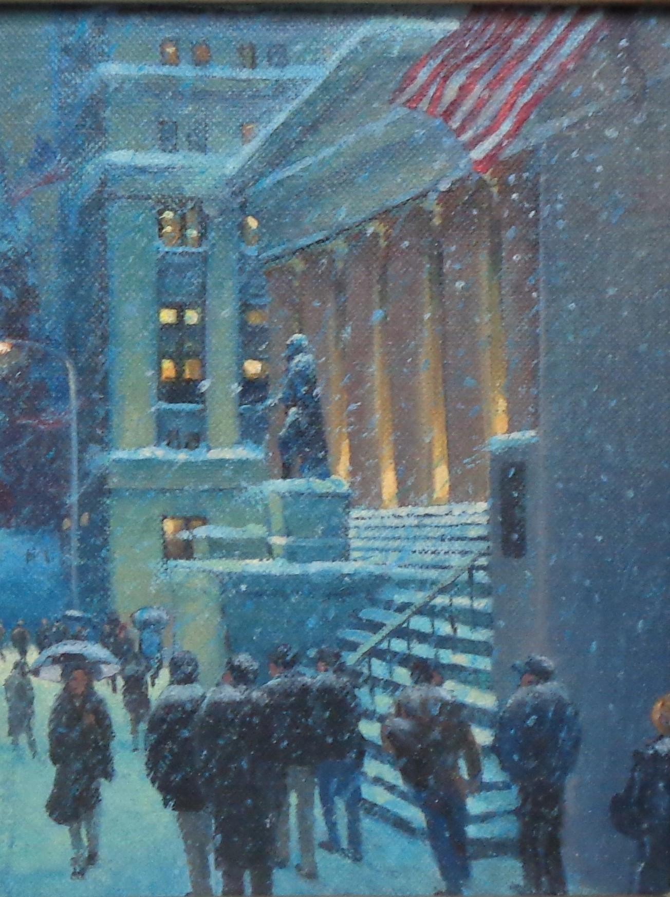Nueva York Nieve Pintura al óleo Michael Budden Wall Street Vista nocturna de invierno 3