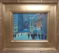 Nueva York Nieve Pintura al óleo Michael Budden Wall Street Vista nocturna de invierno