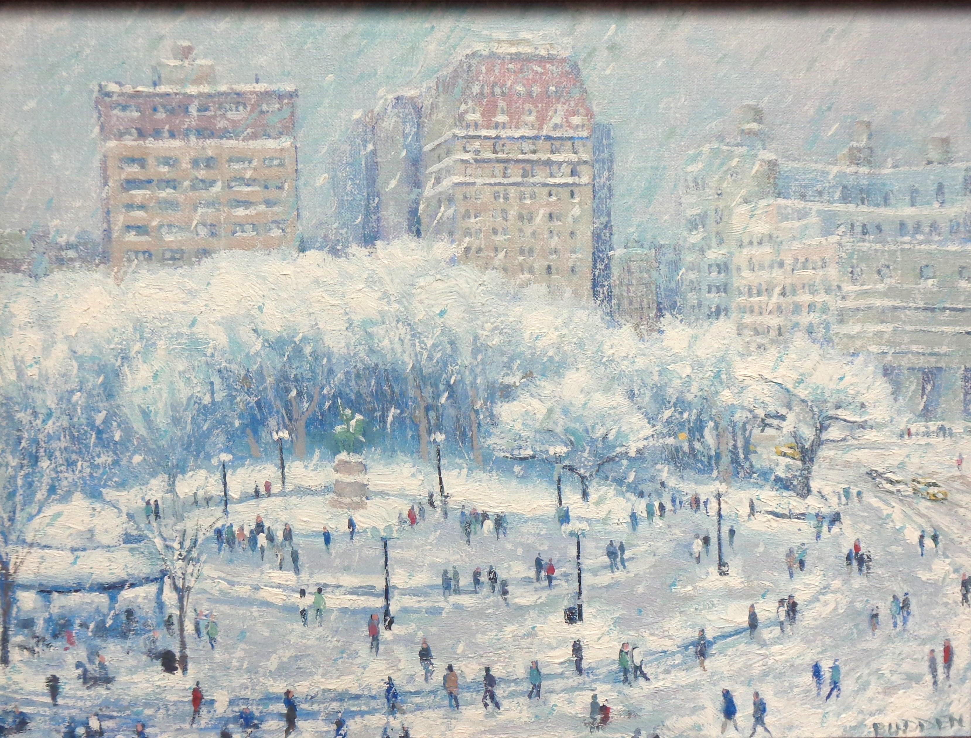  Schnee-Ölgemälde, Michael Budden, Winter Union Square, New York City im Angebot 1