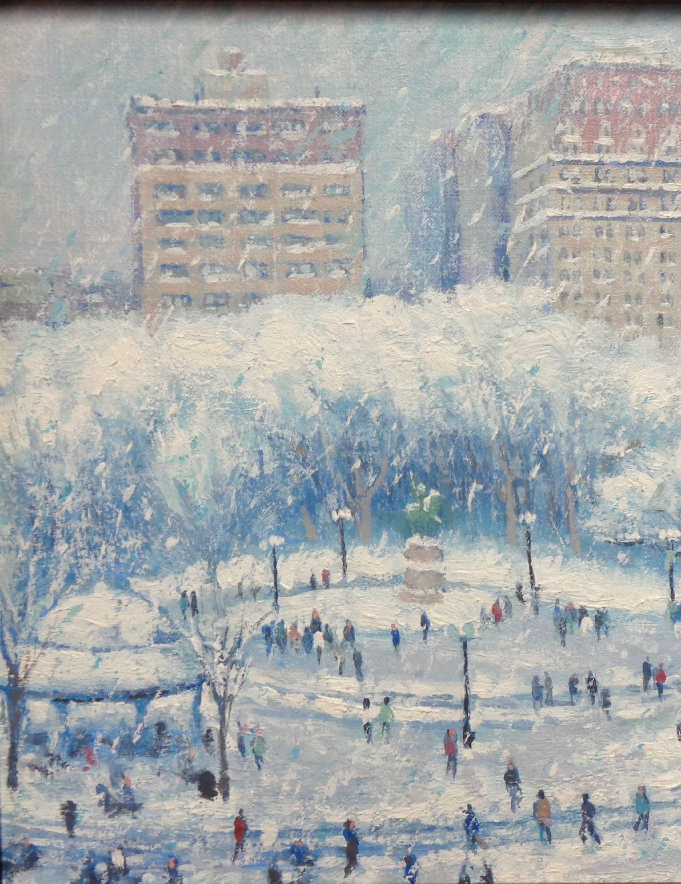  New York City Snow Oil Painting Michael Budden Winter Union Square For Sale 2
