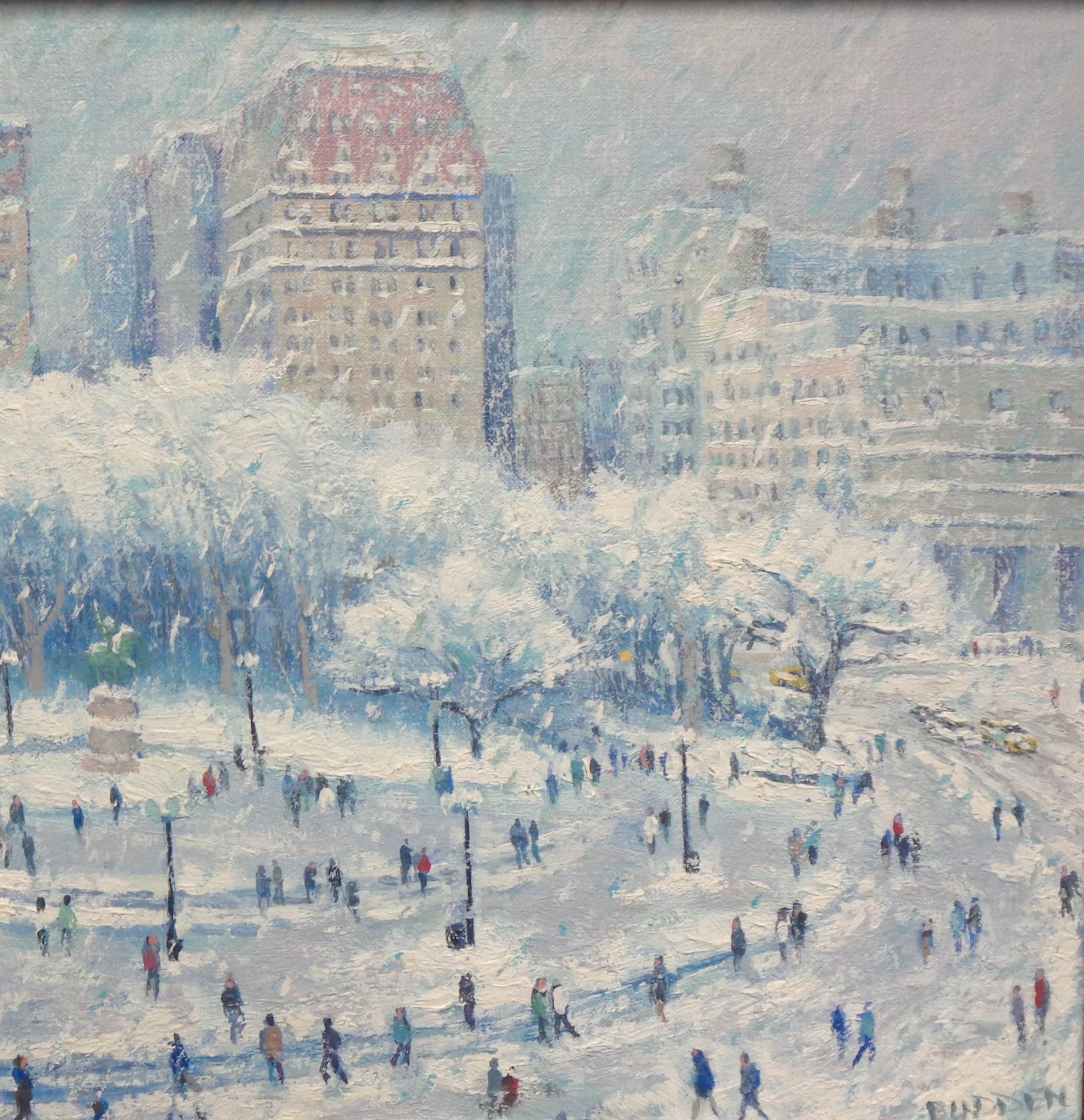  New York City Snow Oil Painting Michael Budden Winter Union Square For Sale 3