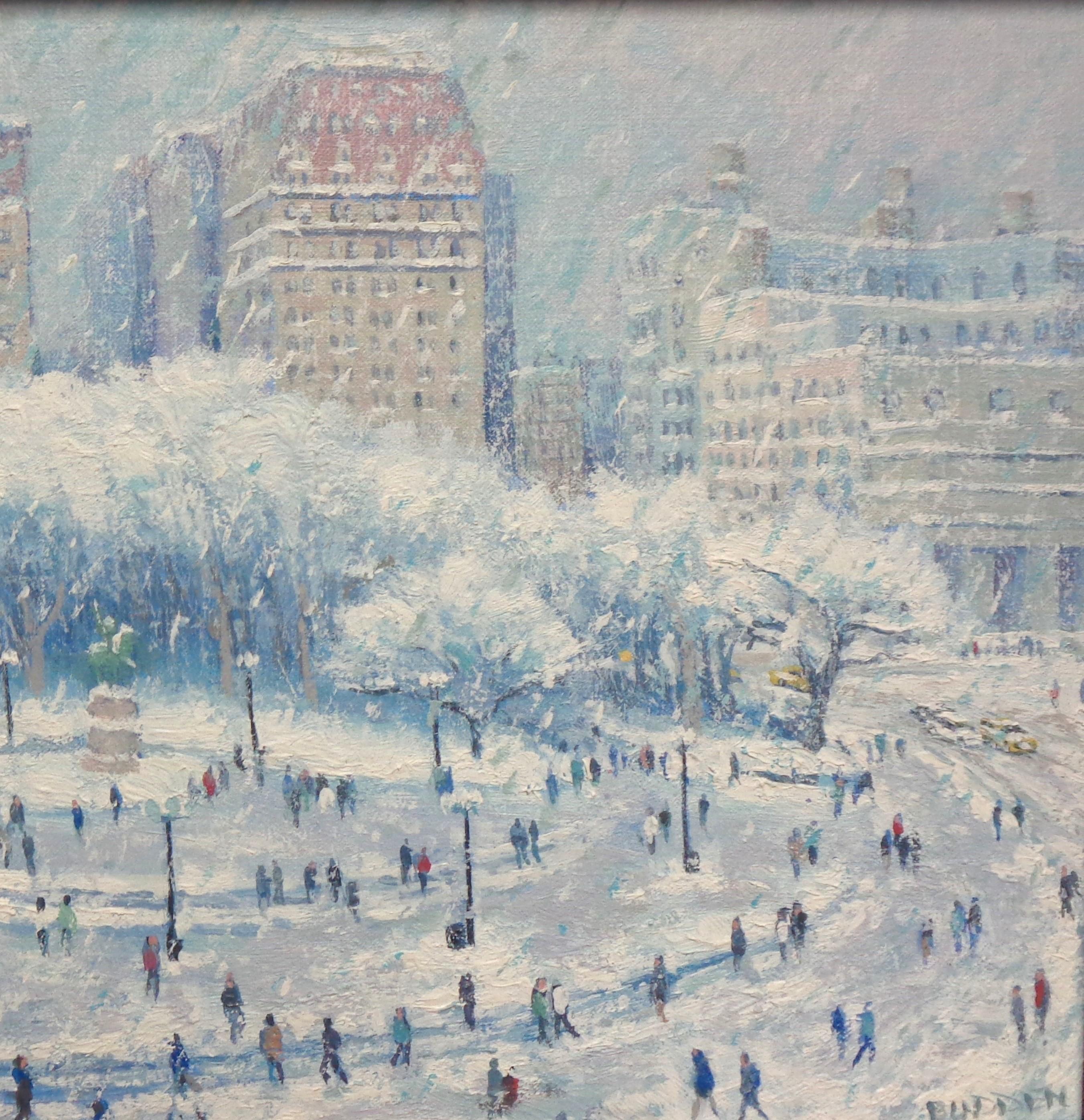 Schnee-Ölgemälde, Michael Budden, Winter Union Square, New York City im Angebot 3