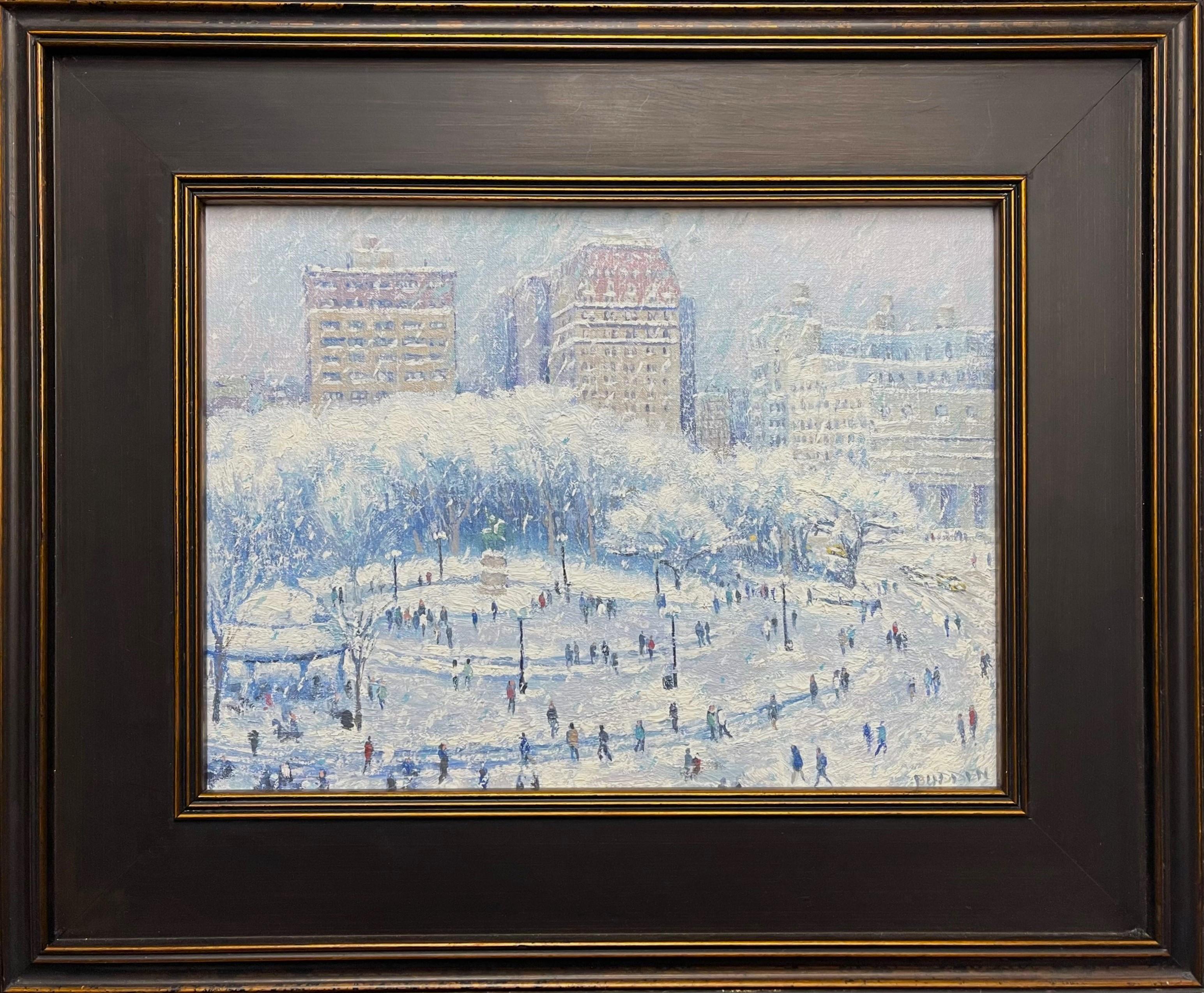 Winter Union Square
oil/panel
9 x 12 x .25 unframed
 14x17.25 framed as pictured. Frame has been touched up

Winter Union Square is an oil painting  on canvas panel by award winning contemporary artist Michael Budden that depicts an elevated view