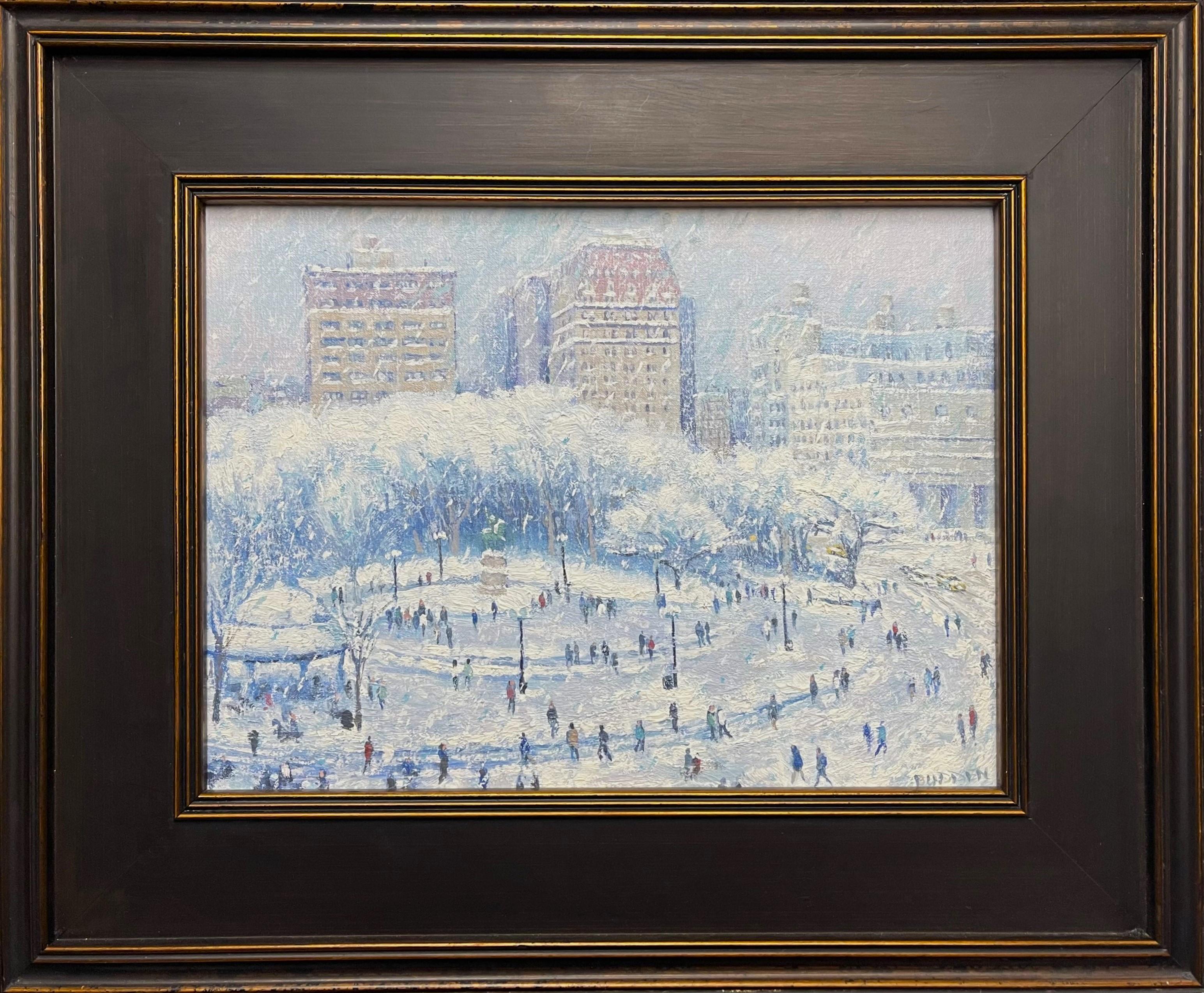Winter Union Square
Öl/Platte
9 x 12 x 0,25 ungerahmt
 14x17,25 gerahmt wie abgebildet. Der Rahmen wurde nachgebessert

Winter Union Square ist ein Ölgemälde  auf Leinwand des preisgekrönten zeitgenössischen Künstlers Michael Budden, das eine