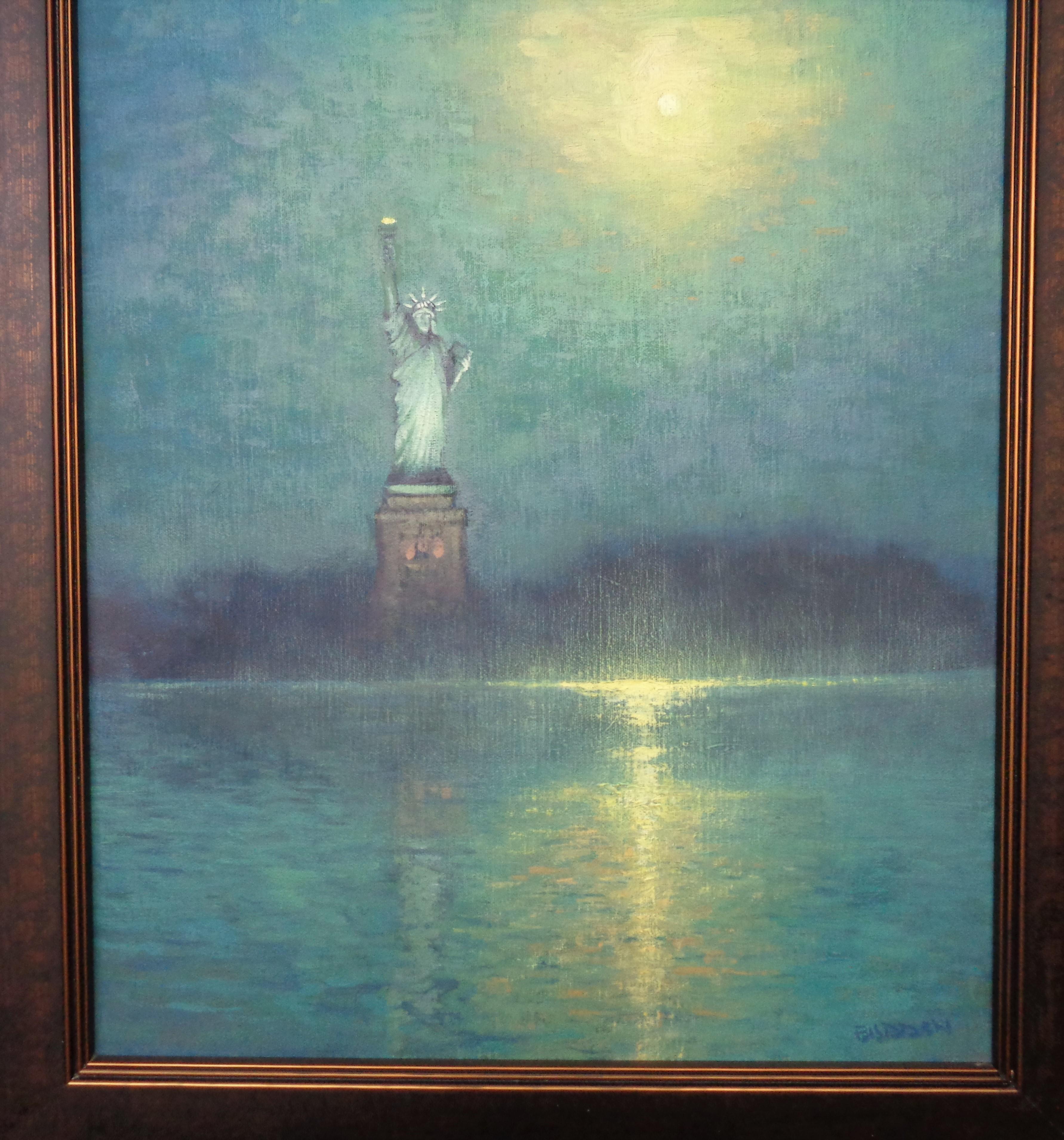 Beacons of the Night Statue of Liberty is an oil painting on canvas by award winning contemporary artist Michael Budden that showcases the great statue on a moonlit night that represents the freedom and hope sought out by so many of our ancestors