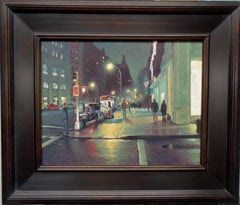 New York City Street Nocturne Rain with Flag Oil Painting Michael Budden