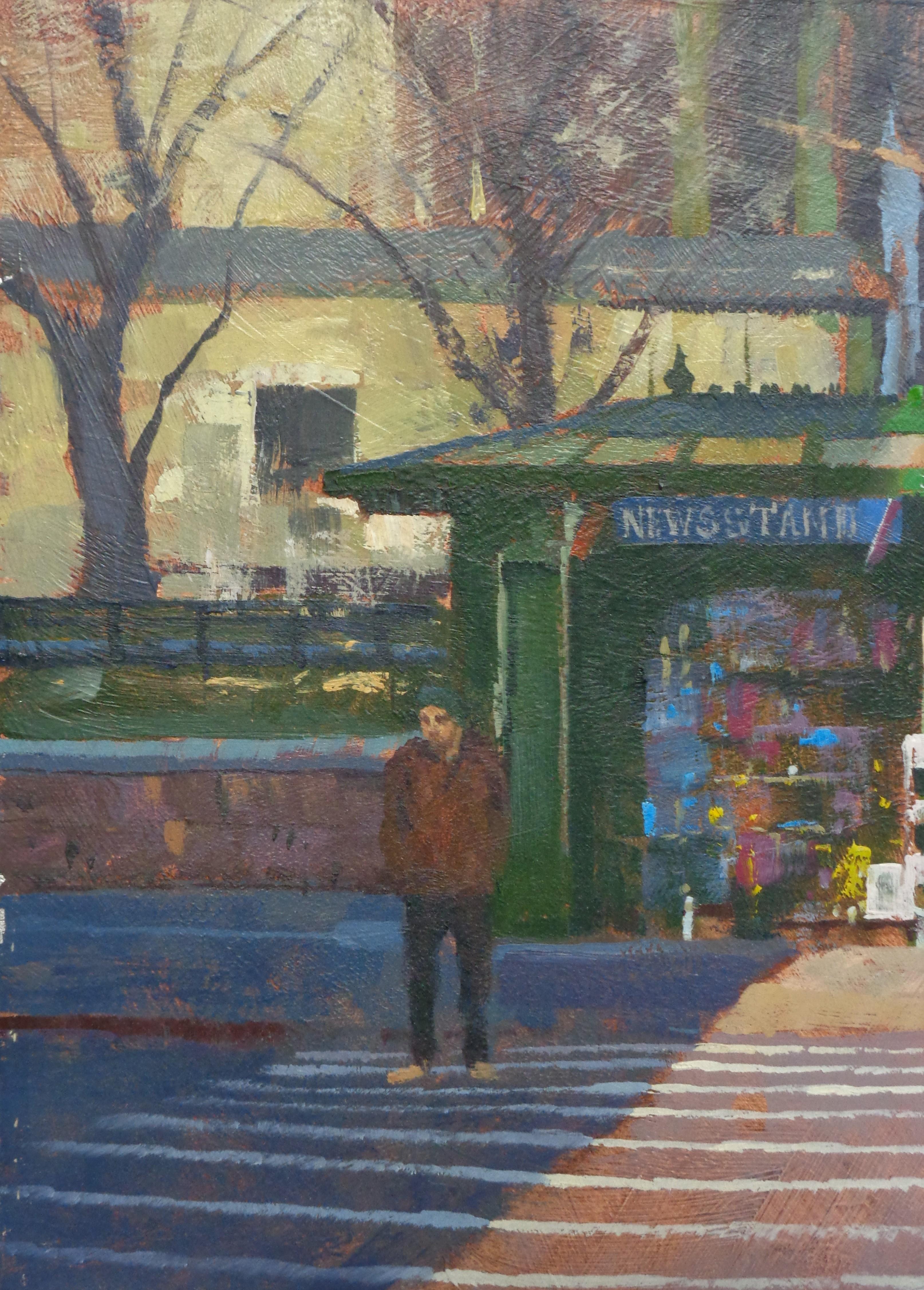 Peinture de rue de la ville de New York - Paul Bachem News Stand - Impressionnisme Painting par Michael Budden