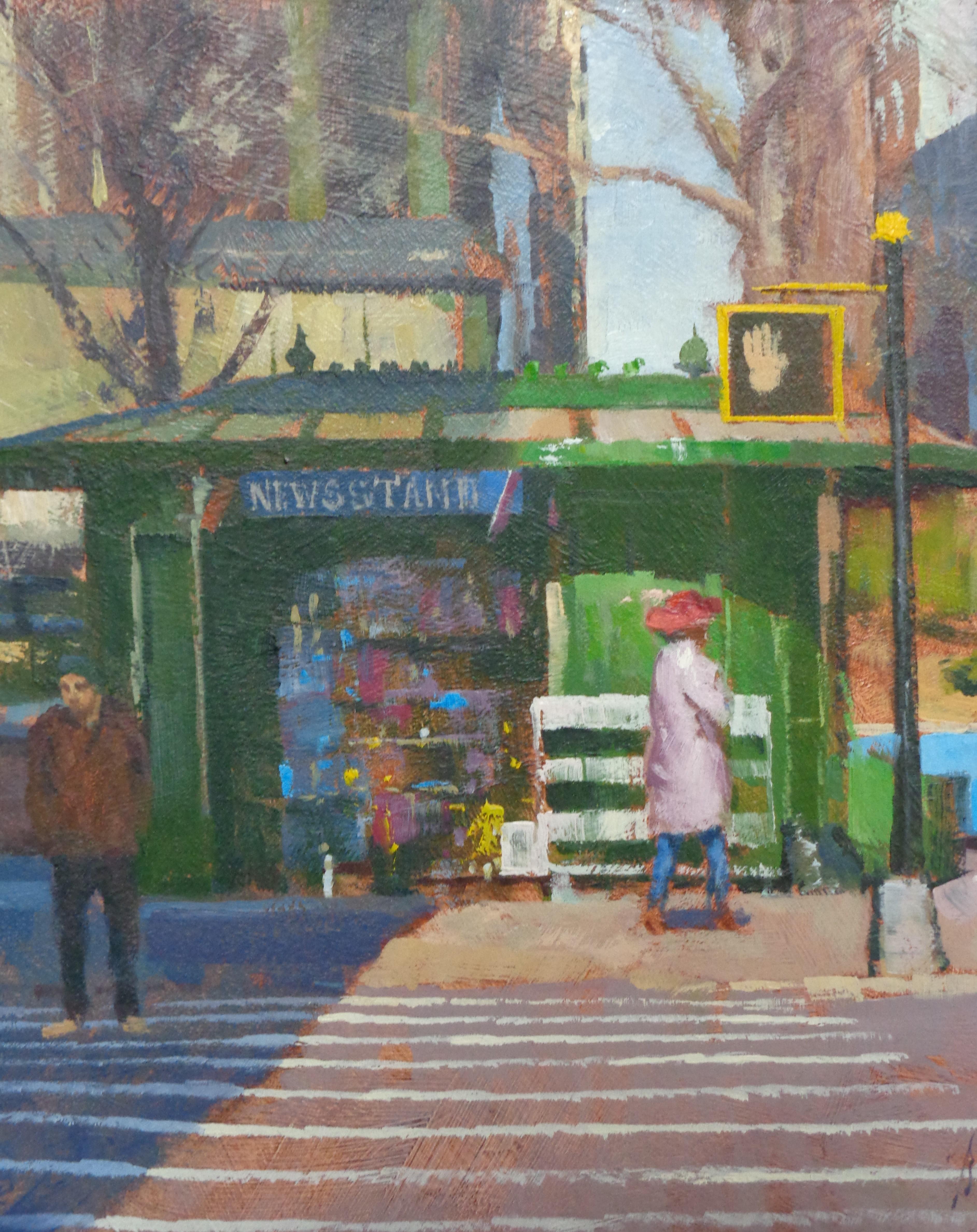 Peinture de rue de la ville de New York - Paul Bachem News Stand - Gris Landscape Painting par Michael Budden