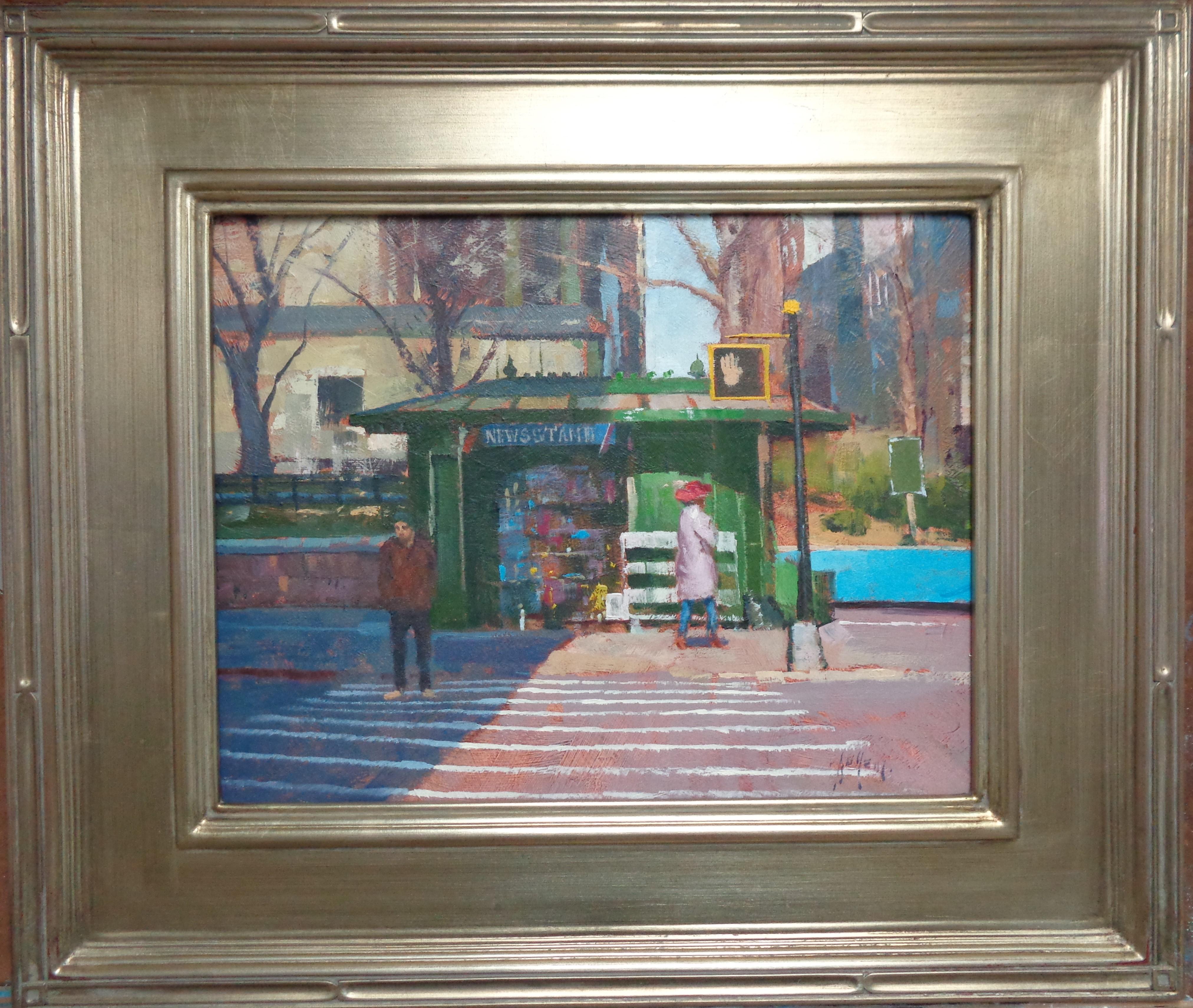 Michael Budden Landscape Painting – New York City Street, Gemälde Paul Bachem, Zeitungsständer