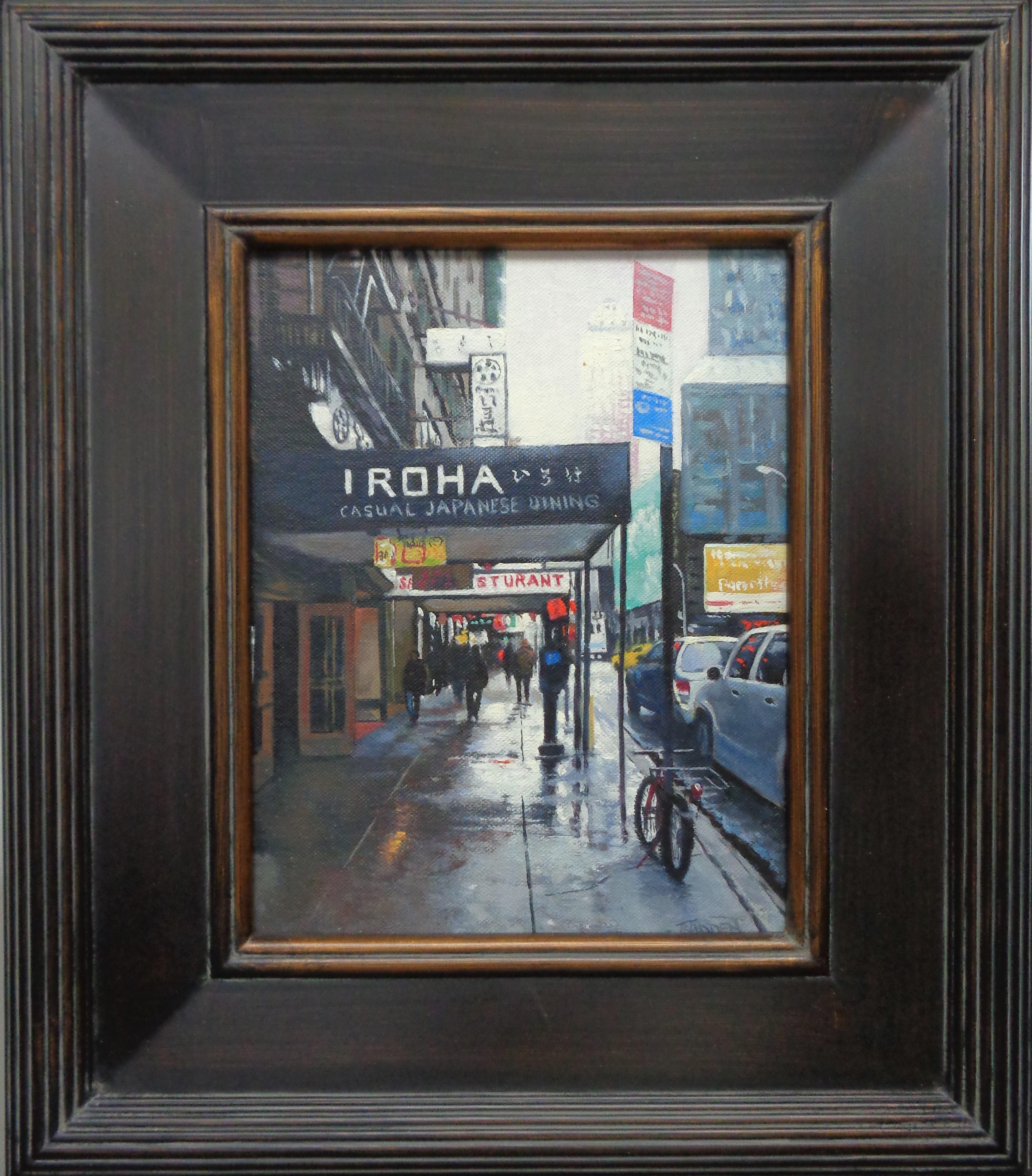 Visual Variations A NYC Collage
oil/panel
Image is 10 x 8 unframed, 16.63 x 13.63 framed
An oil painting on canvas panel by award winning contemporary artist Michael Budden that showcases a rainy day street scene on 49th Street. After attending a