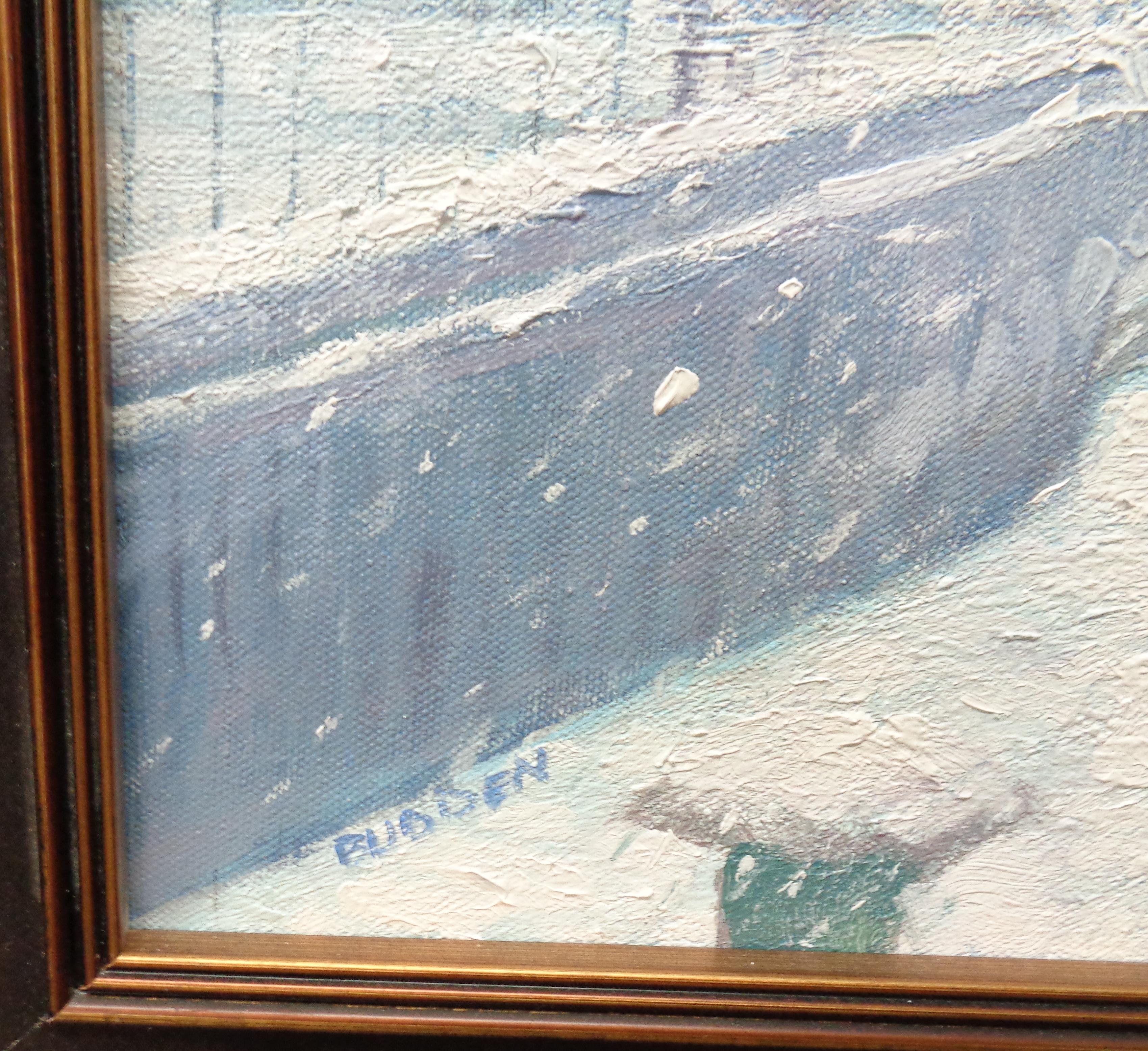 Nueva York Pintura Urbana Invierno Puente de Brooklyn por Michael Budden en venta 1