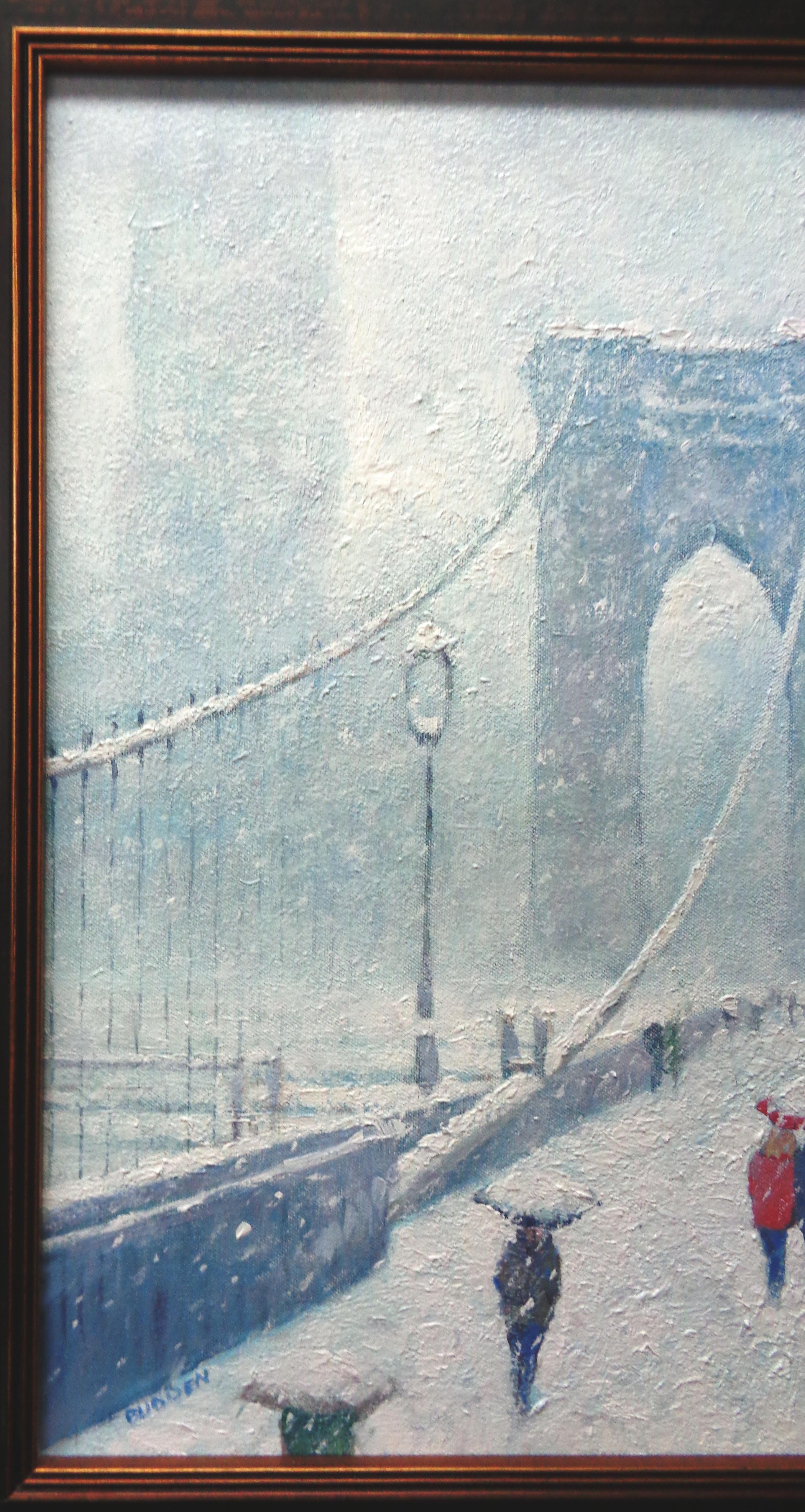 Nueva York Pintura Urbana Invierno Puente de Brooklyn por Michael Budden en venta 2