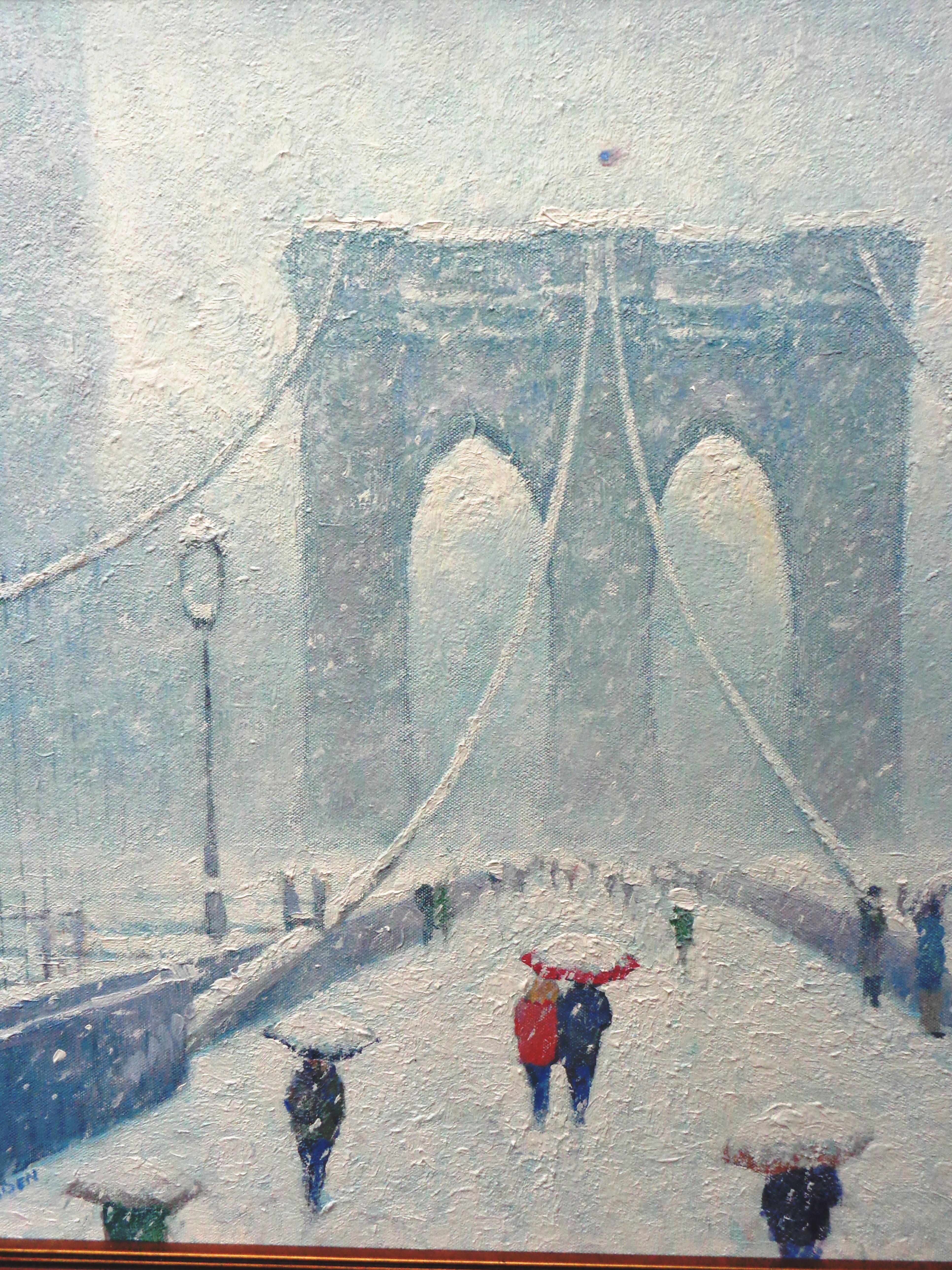 Nueva York Pintura Urbana Invierno Puente de Brooklyn por Michael Budden en venta 4