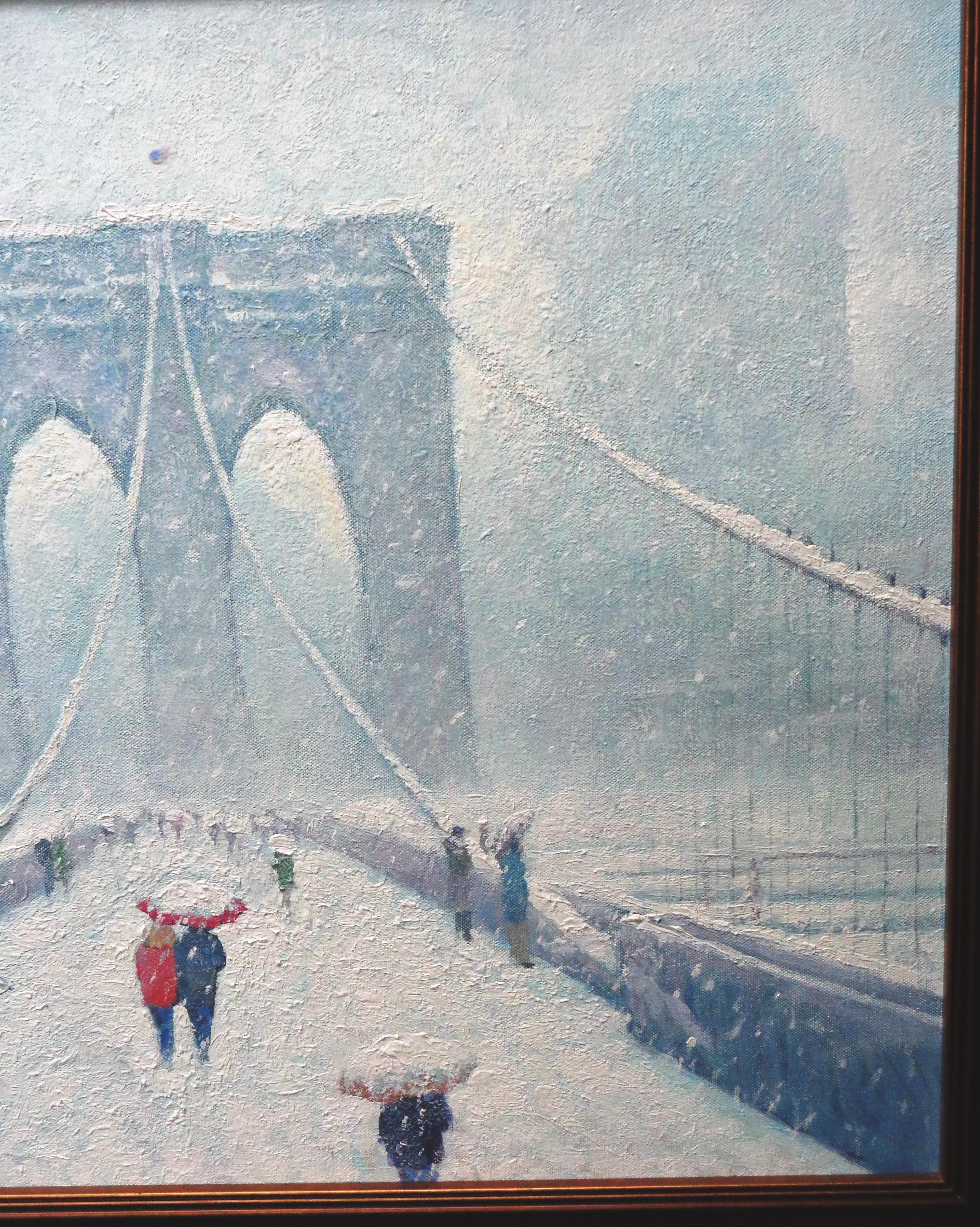 Nueva York Pintura Urbana Invierno Puente de Brooklyn por Michael Budden en venta 5