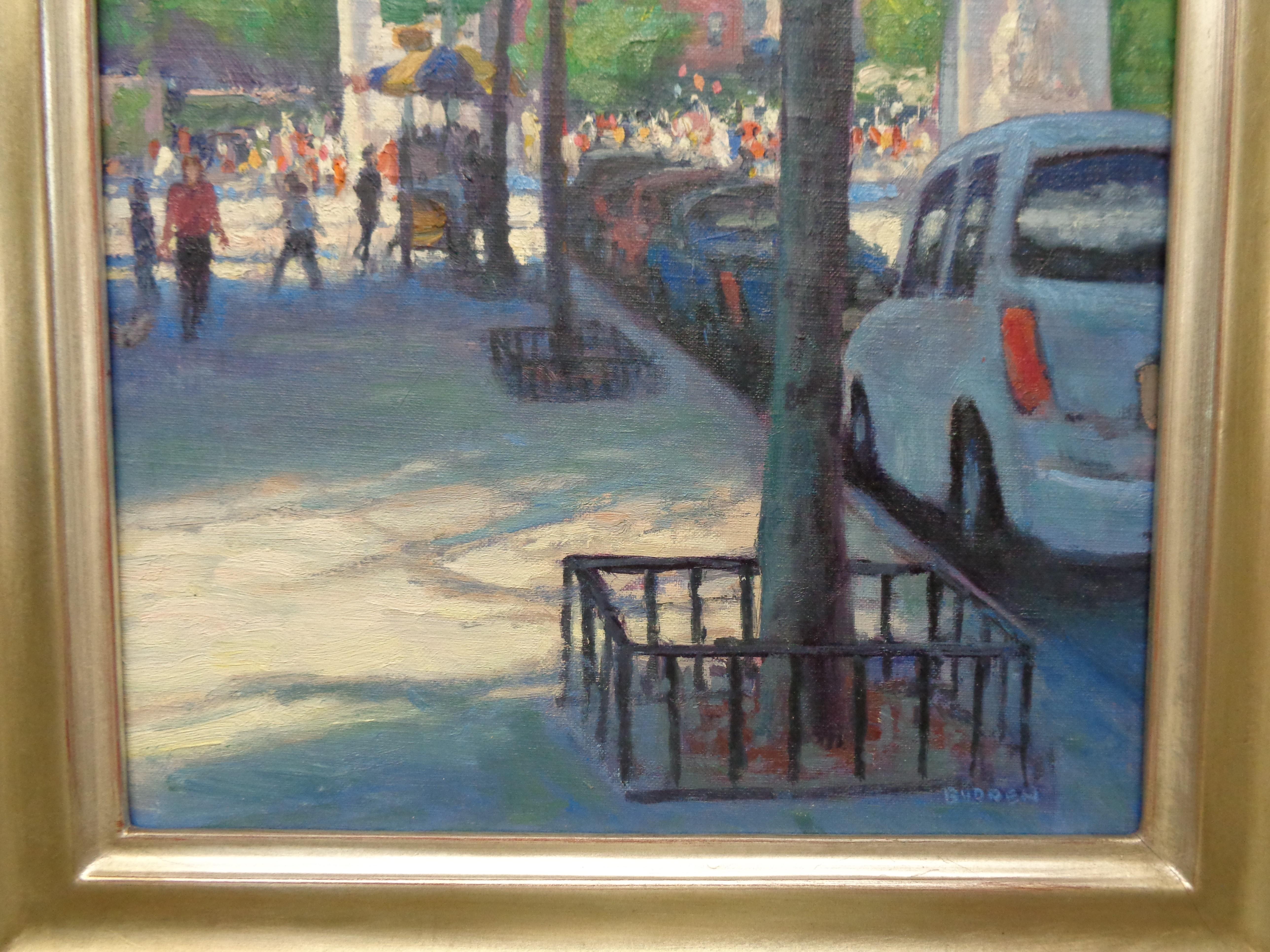 Washington Square Spring is a plein air oil painting on canvas panel by award winning contemporary artist Michael Budden painted on site in NYC. Another artist friend and Salmagundi Club member and I started and ran the Salmagundi Club Paint Outs
