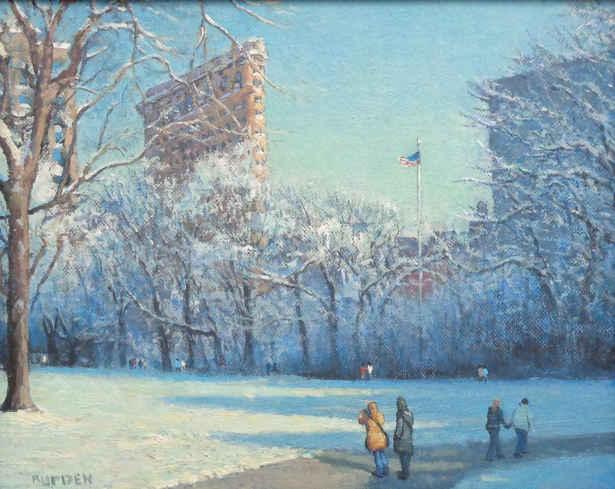 Nueva York Invierno Flatiron Madison Square Park Pintura al óleo Michael Budden en venta 1