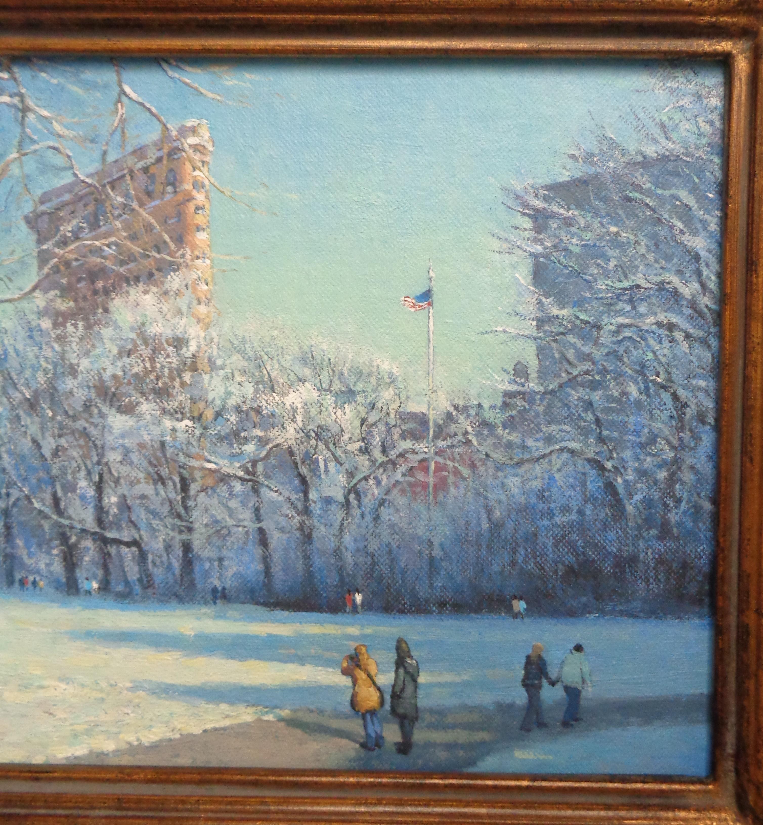 Nueva York Invierno Flatiron Madison Square Park Pintura al óleo Michael Budden en venta 3