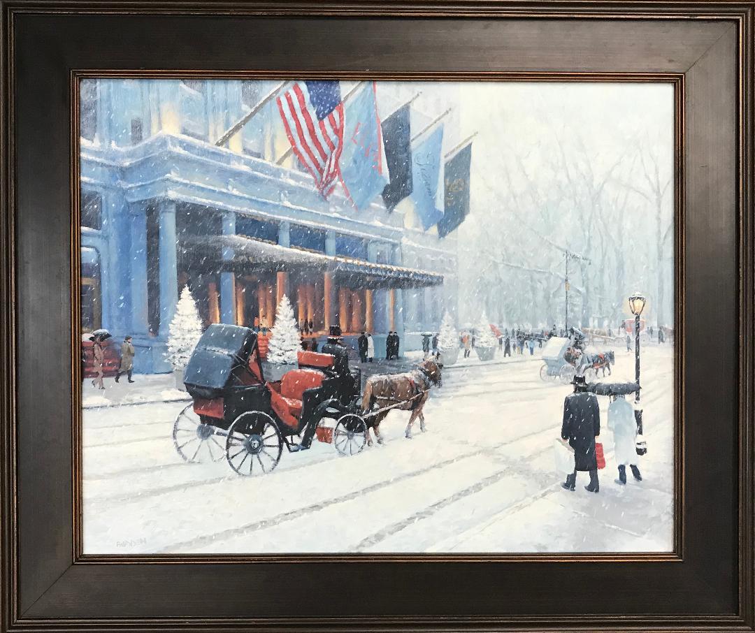 Winter Wonderland Plaza Hotel is an oil painting on canvas by award winning contemporary artist Michael Budden that showcases the bustling life and a beautiful winter afternoon in New York City and the iconic carriage rides and Plaza flags. Painting