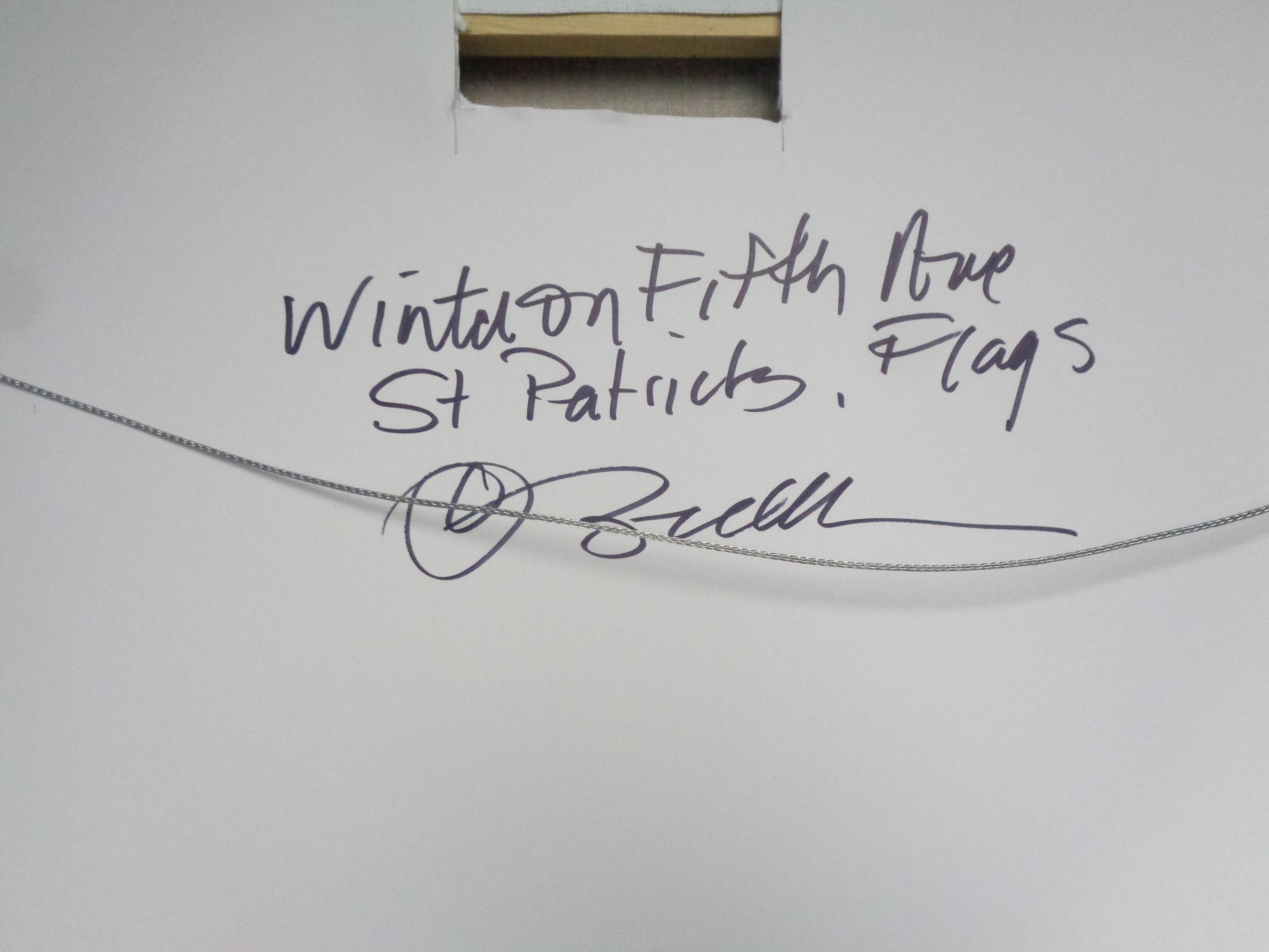 New York City Winter Ölgemälde Fifth Avenue Fahnen St. Patricks Michael Budden im Angebot 9