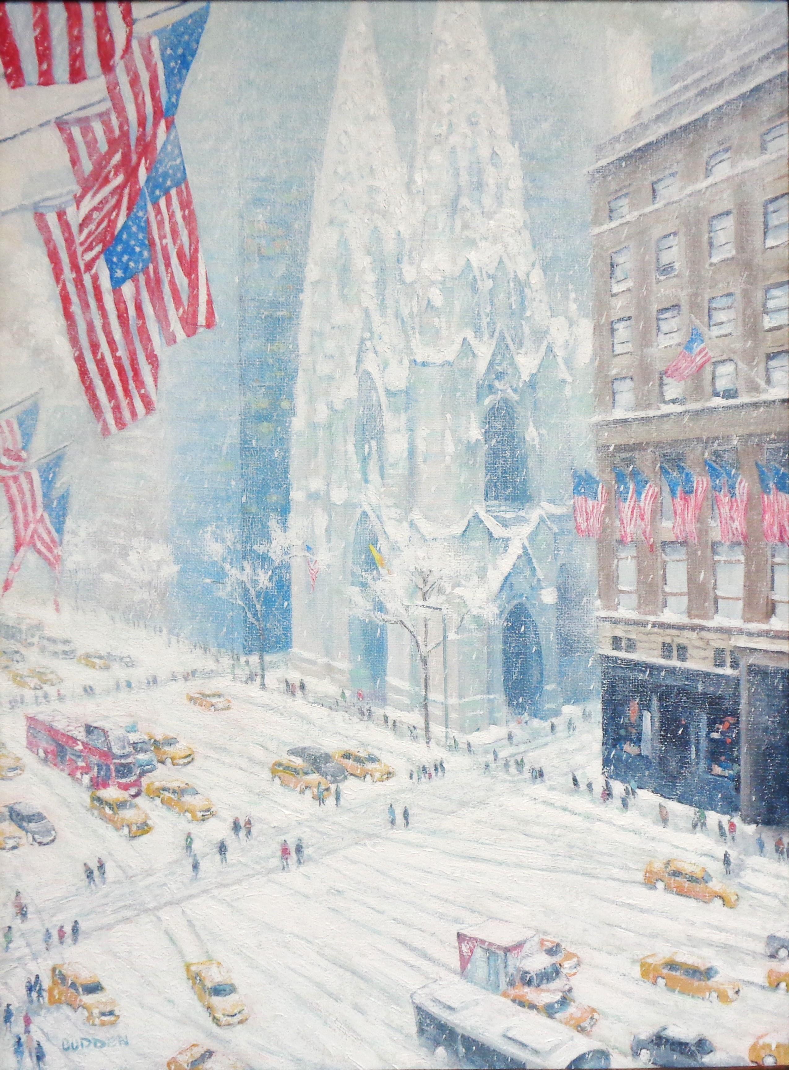 New York City Winter Oil Painting Fifth Avenue Flags St Patricks Michael Budden en vente 1