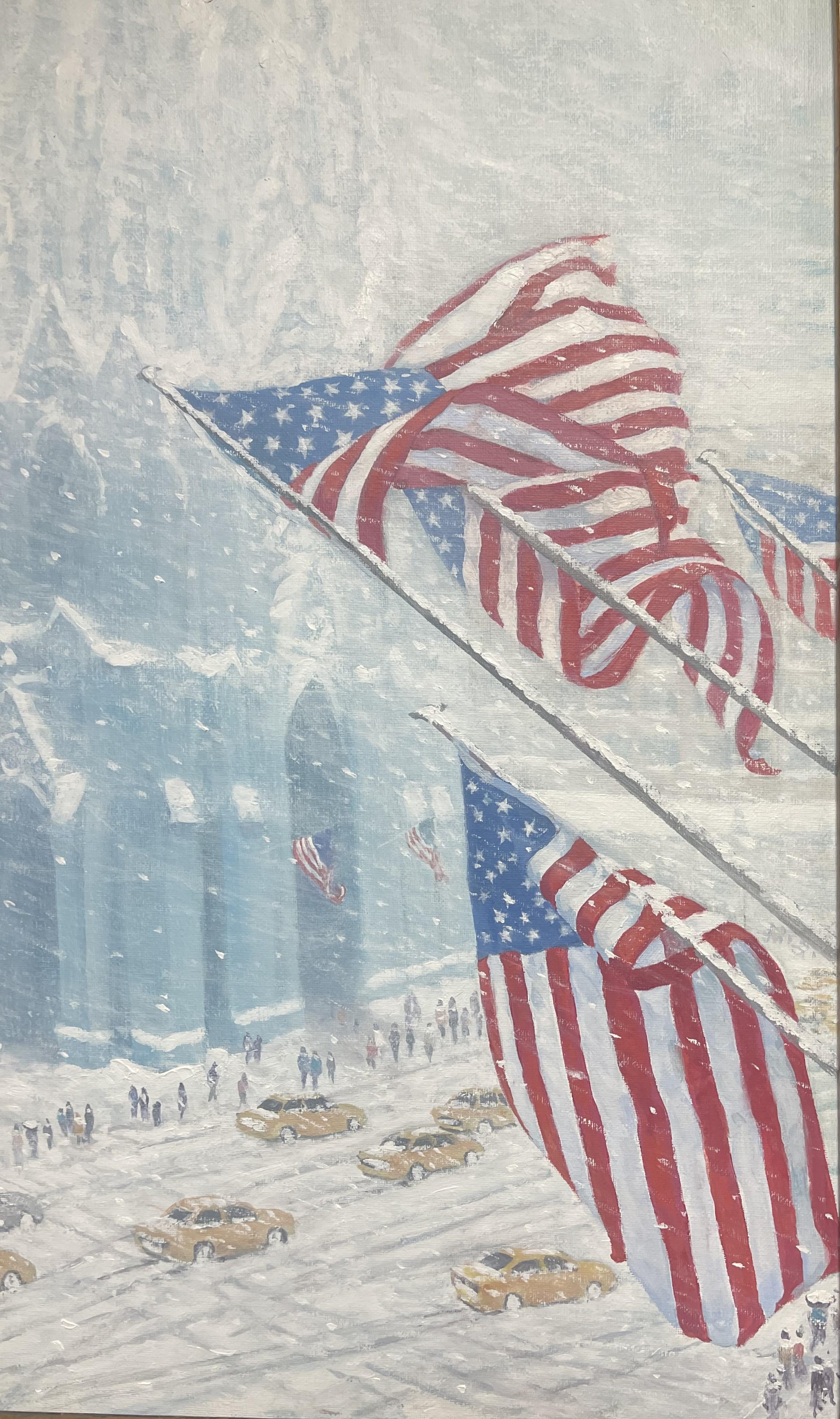 New York City Winter Oil Painting Fifth Avenue Flags St Patricks Michael Budden en vente 1
