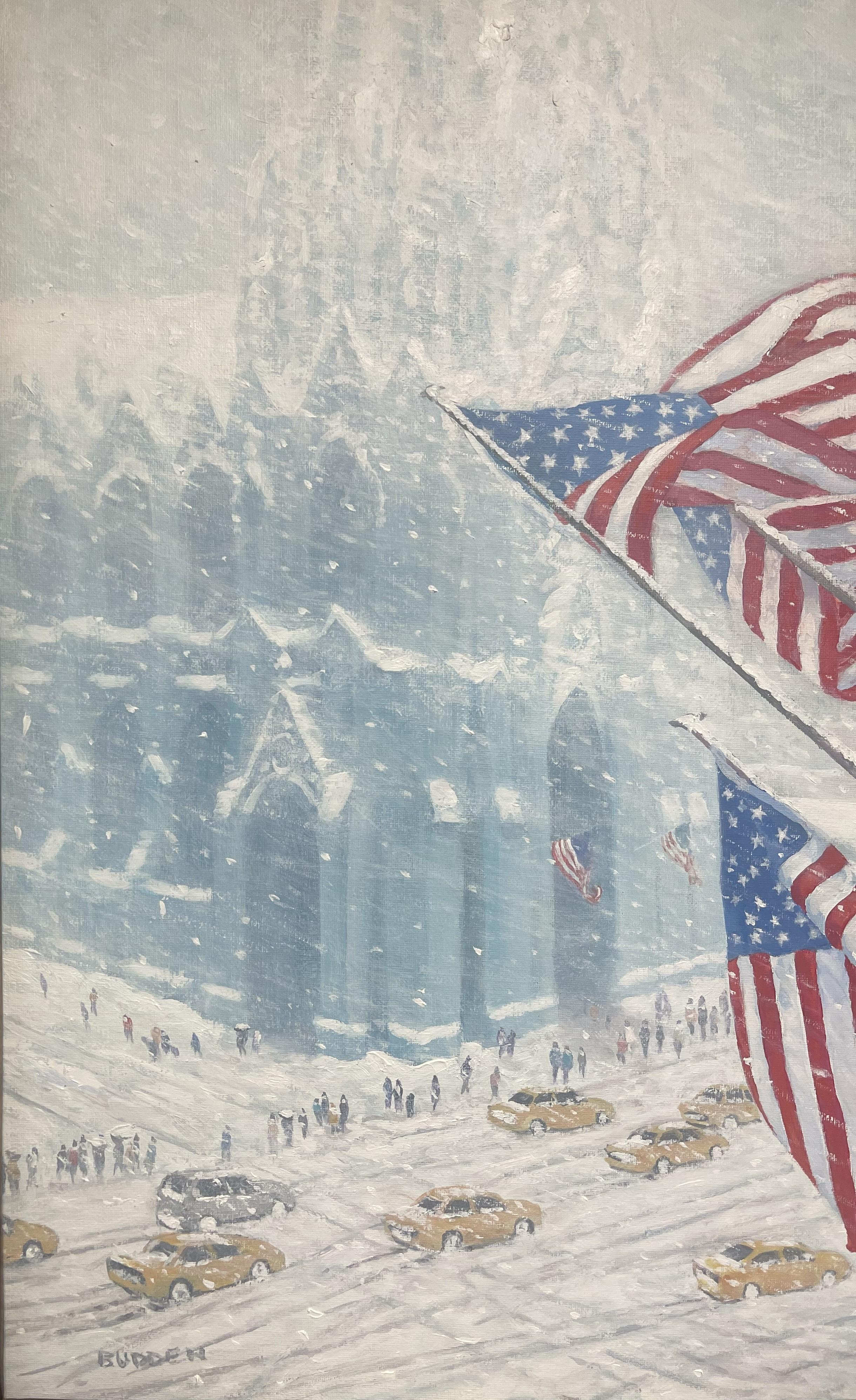 New York City Winter Oil Painting Fifth Avenue Flags St Patricks Michael Budden en vente 2